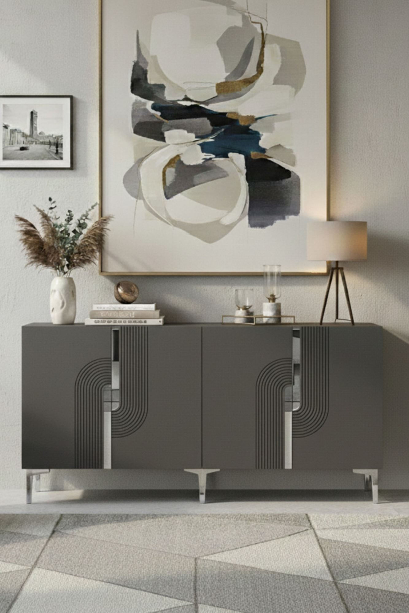 Consola Meyra 180, 180 x 75 x 32 cm, antracit argintiu, PAL melaminat, oglinda inclusa, antracit / silver — imaginea 3