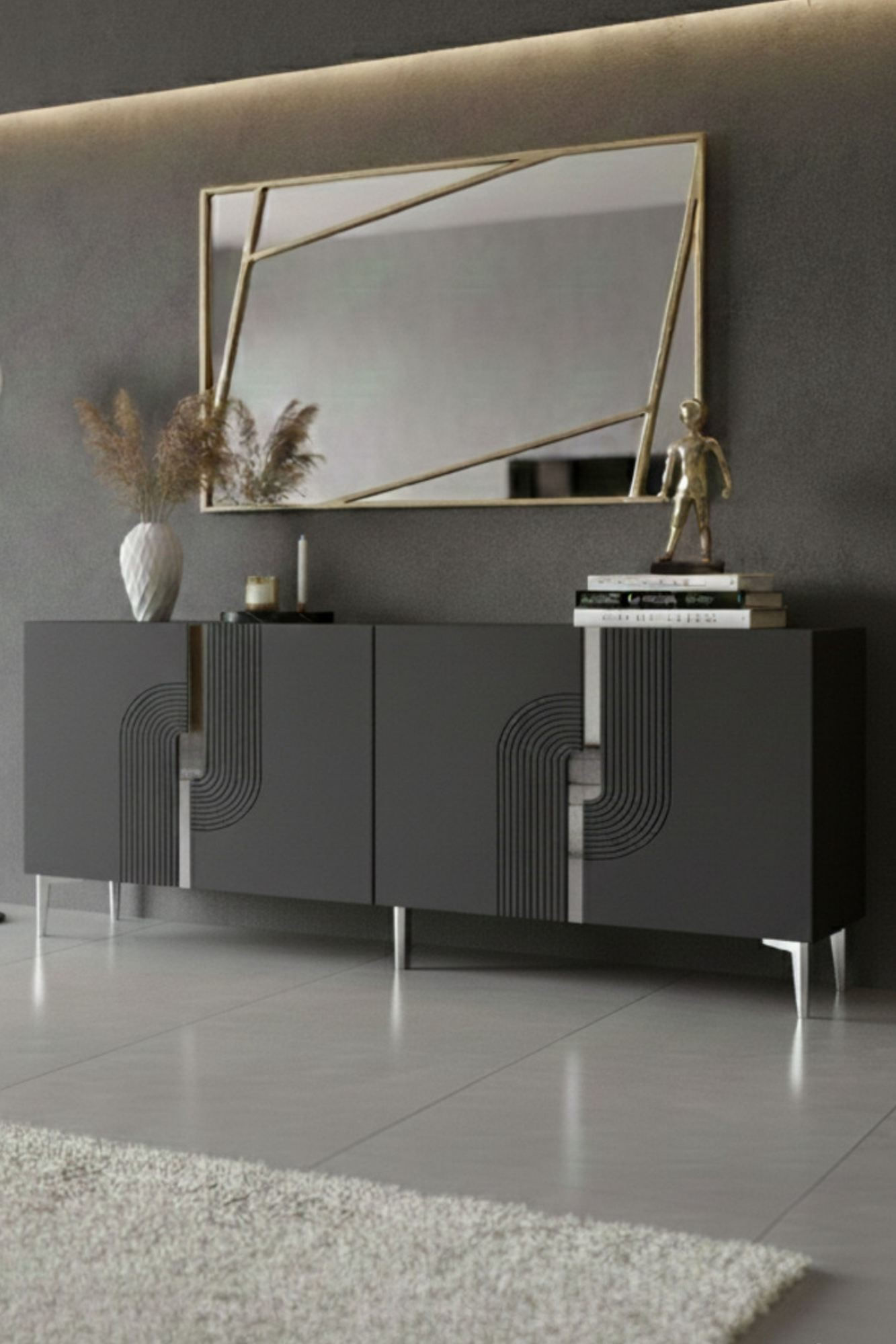 Consola Meyra 180, 180 x 75 x 32 cm, antracit argintiu, PAL melaminat, oglinda inclusa, antracit / silver — imaginea 4