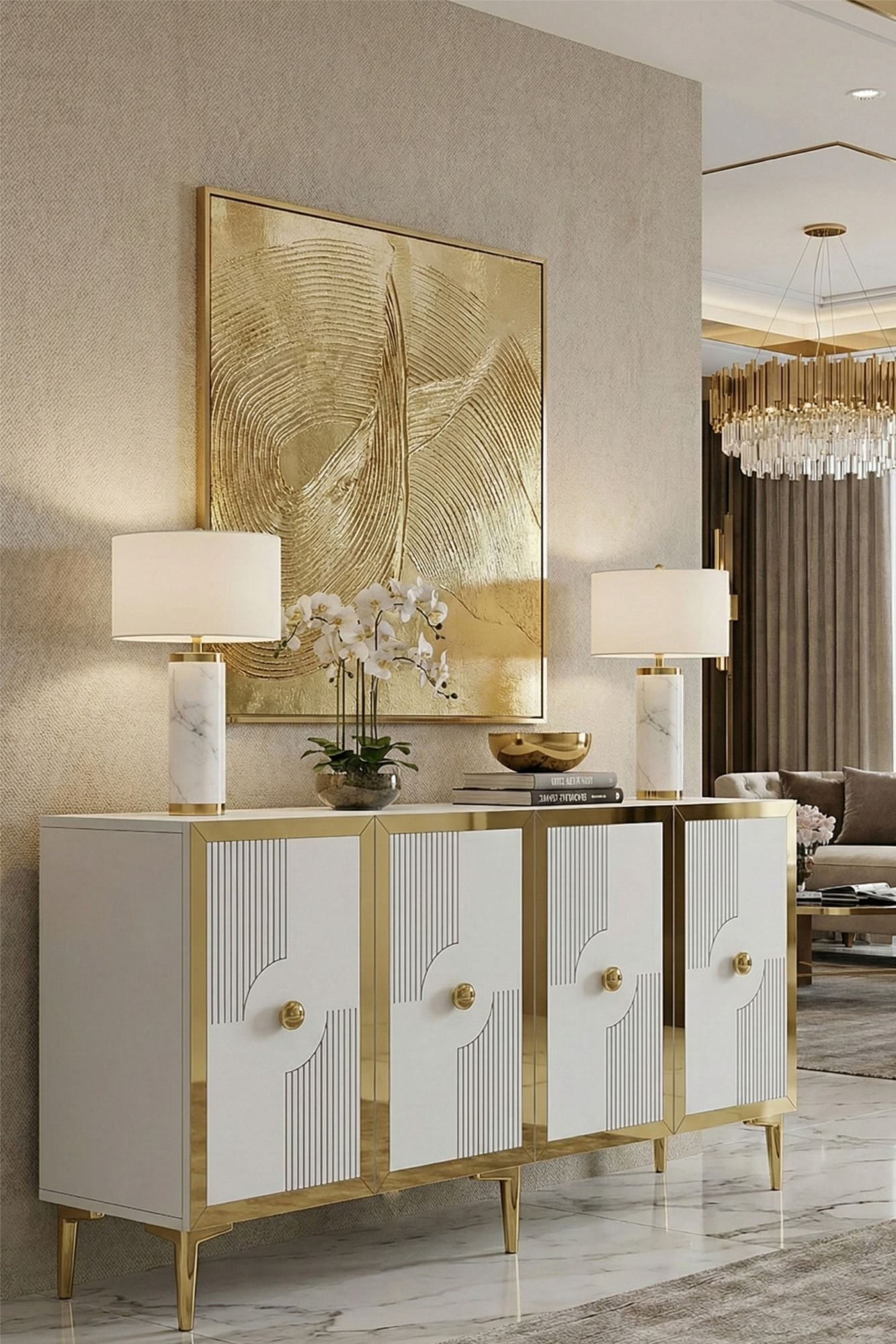 Consola Pega 150, 125 x 75 x 32 cm, alb auriu, PAL melaminat, oglinda inclusa, alb / gold — imaginea 8