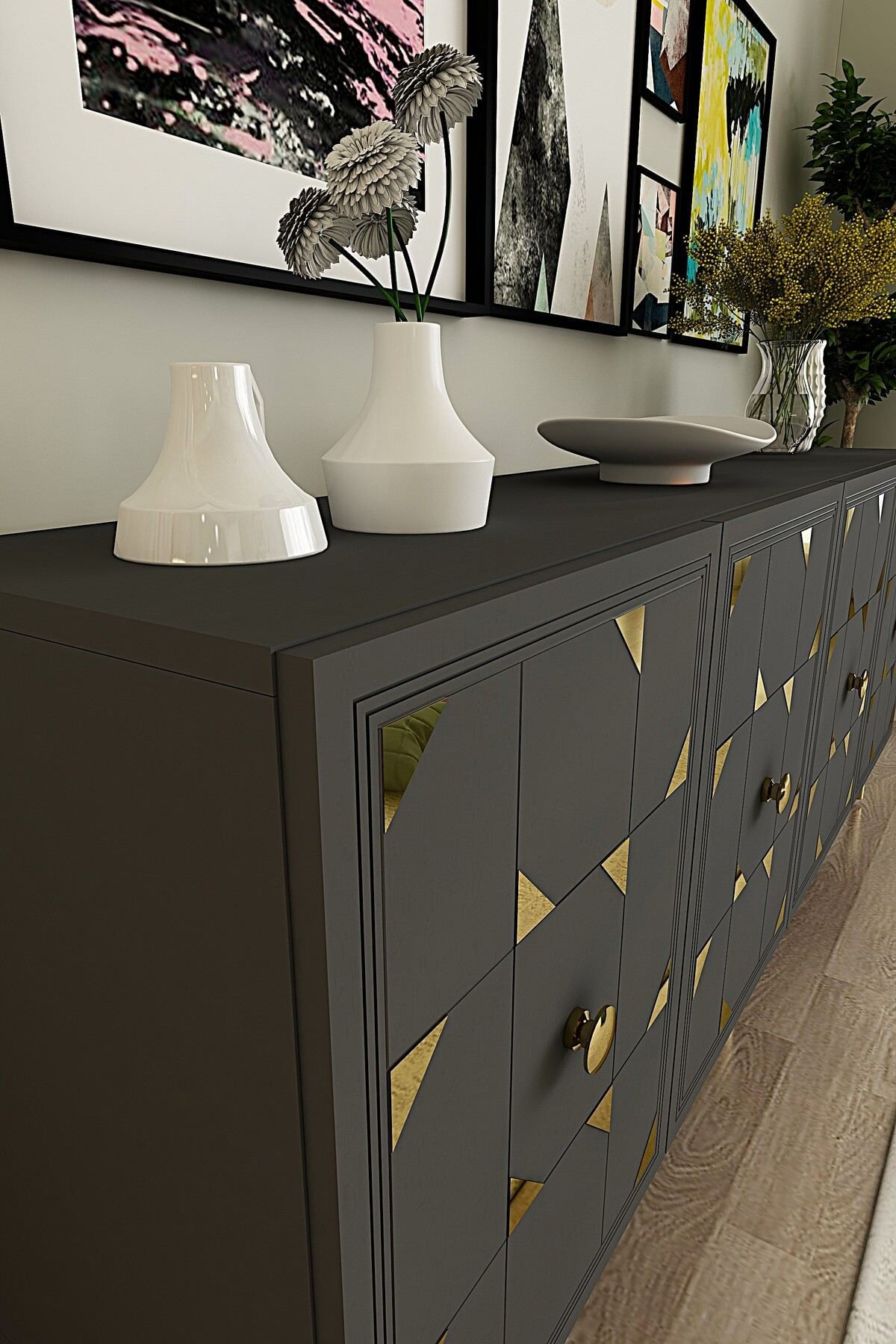 Consola Moka 180, 180 x 75 x 32 cm, antracit auriu, PAL melaminat, oglinda inclusa, antracit / gold — imaginea 7