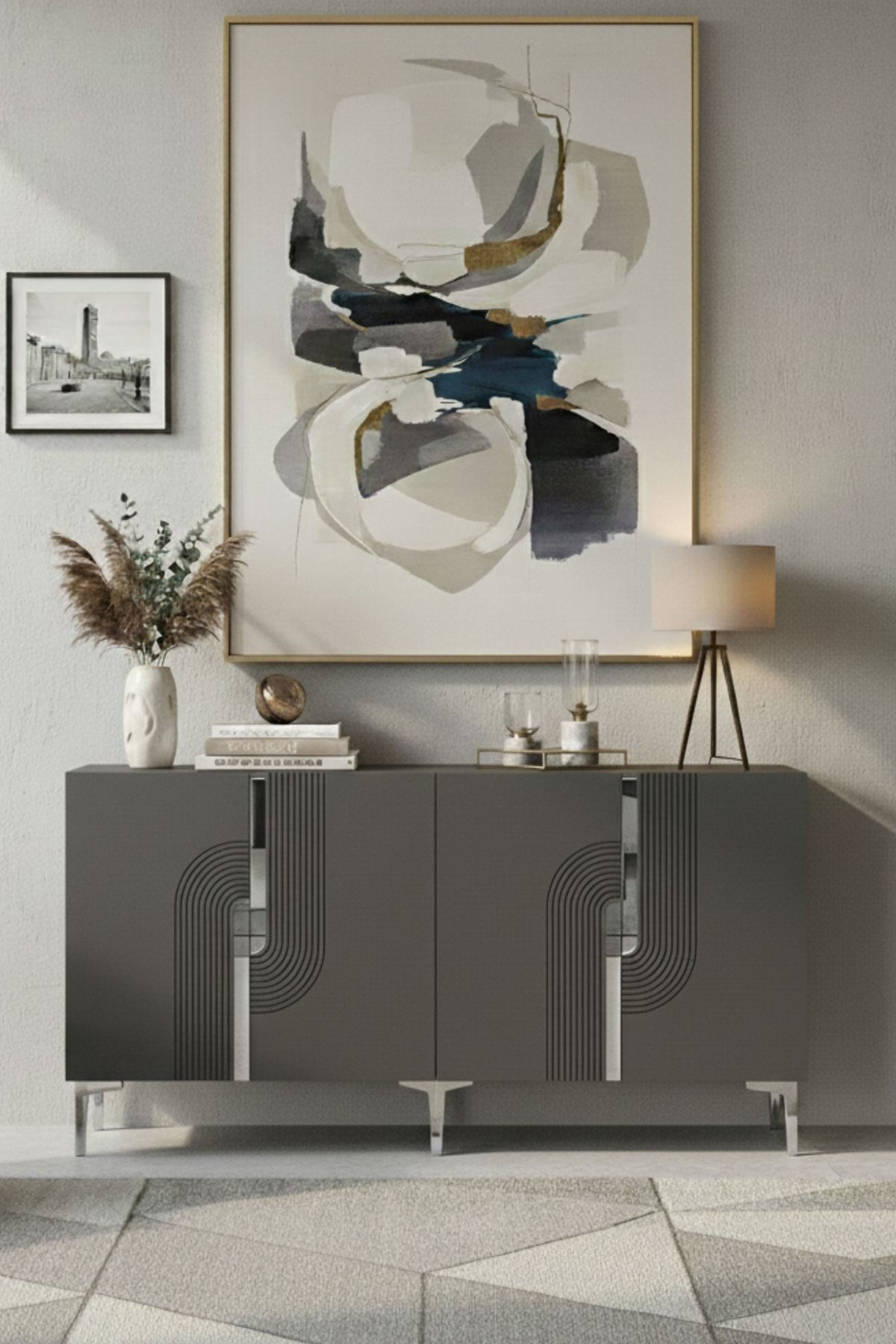 Consola Meyra 180, 180 x 75 x 32 cm, antracit argintiu, PAL melaminat, oglinda inclusa, antracit / silver — imaginea 7