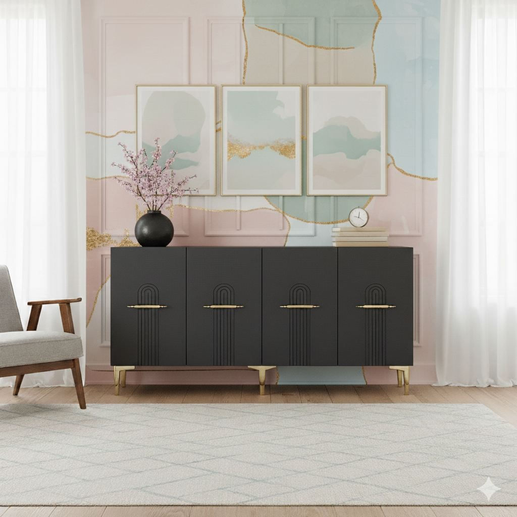 Consola Ida 150, 150 x 75 x 32 cm, antracit auriu, PAL melaminat, spatiu de depozitare, fixare pe perete, antracit / gold — imaginea 4