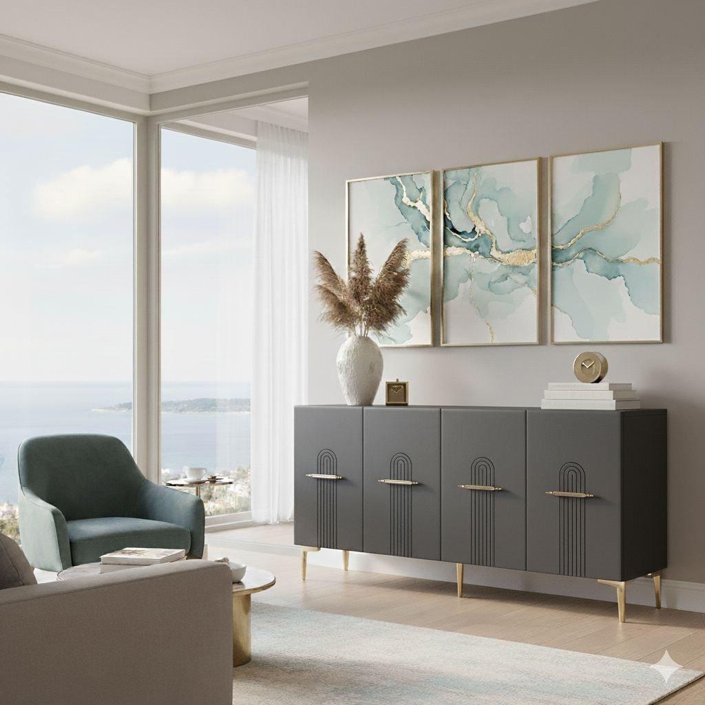 Consola Ida 150, 150 x 75 x 32 cm, antracit auriu, PAL melaminat, spatiu de depozitare, fixare pe perete, antracit / gold — imaginea 5