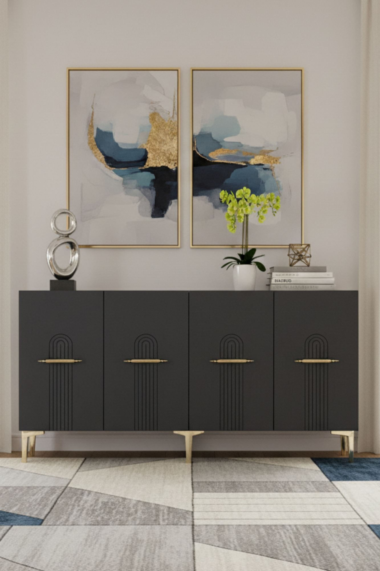 Consola Ida 150, 150 x 75 x 32 cm, antracit auriu, PAL melaminat, spatiu de depozitare, fixare pe perete, antracit / gold — imaginea 6