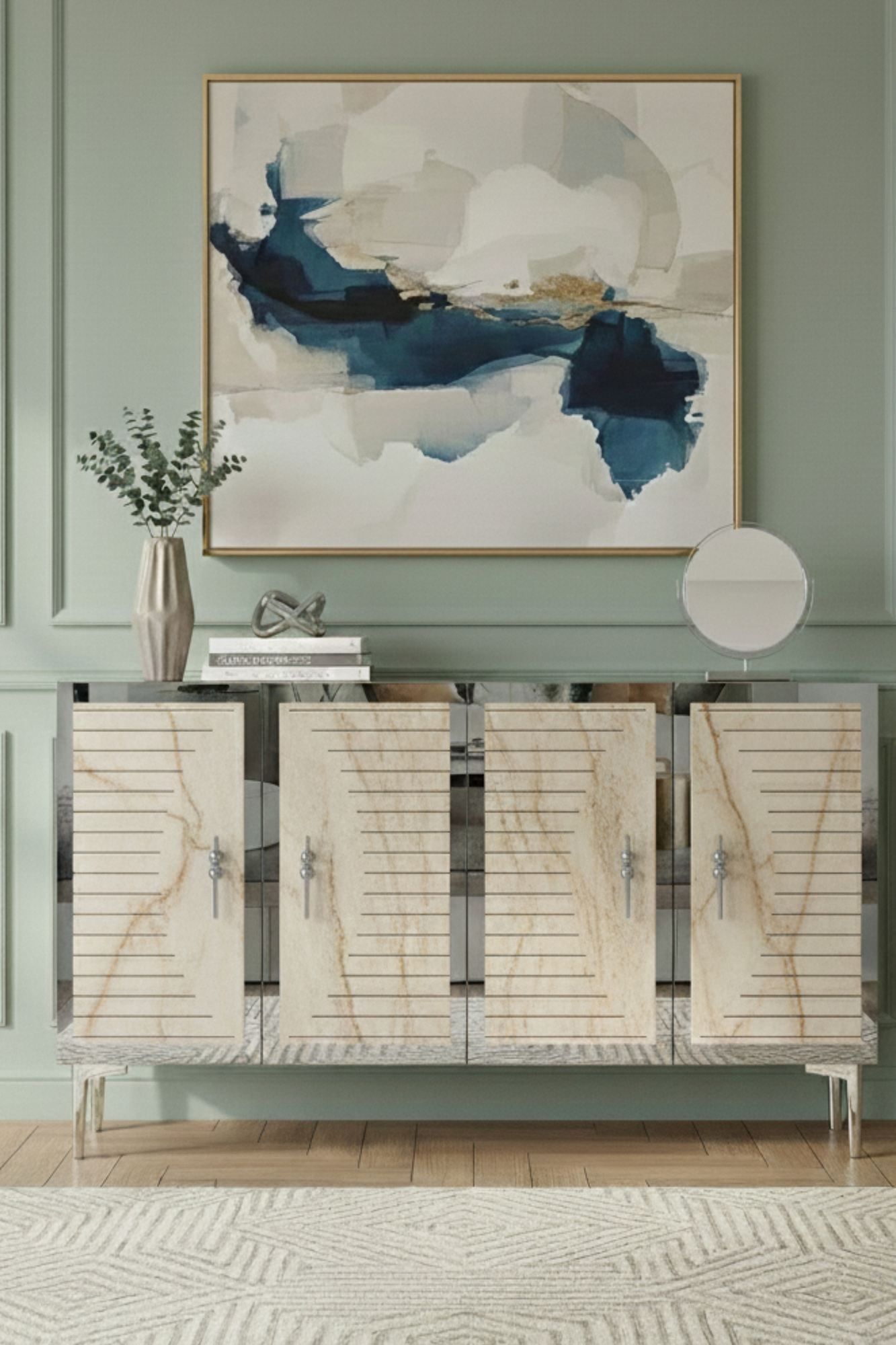 Consola Tuna 120, 120 x 75 x 32 cm, alb travertin argintiu, PAL melaminat, spatiu de depozitare, fixare pe perete, alb / travertin / silver — imaginea 6
