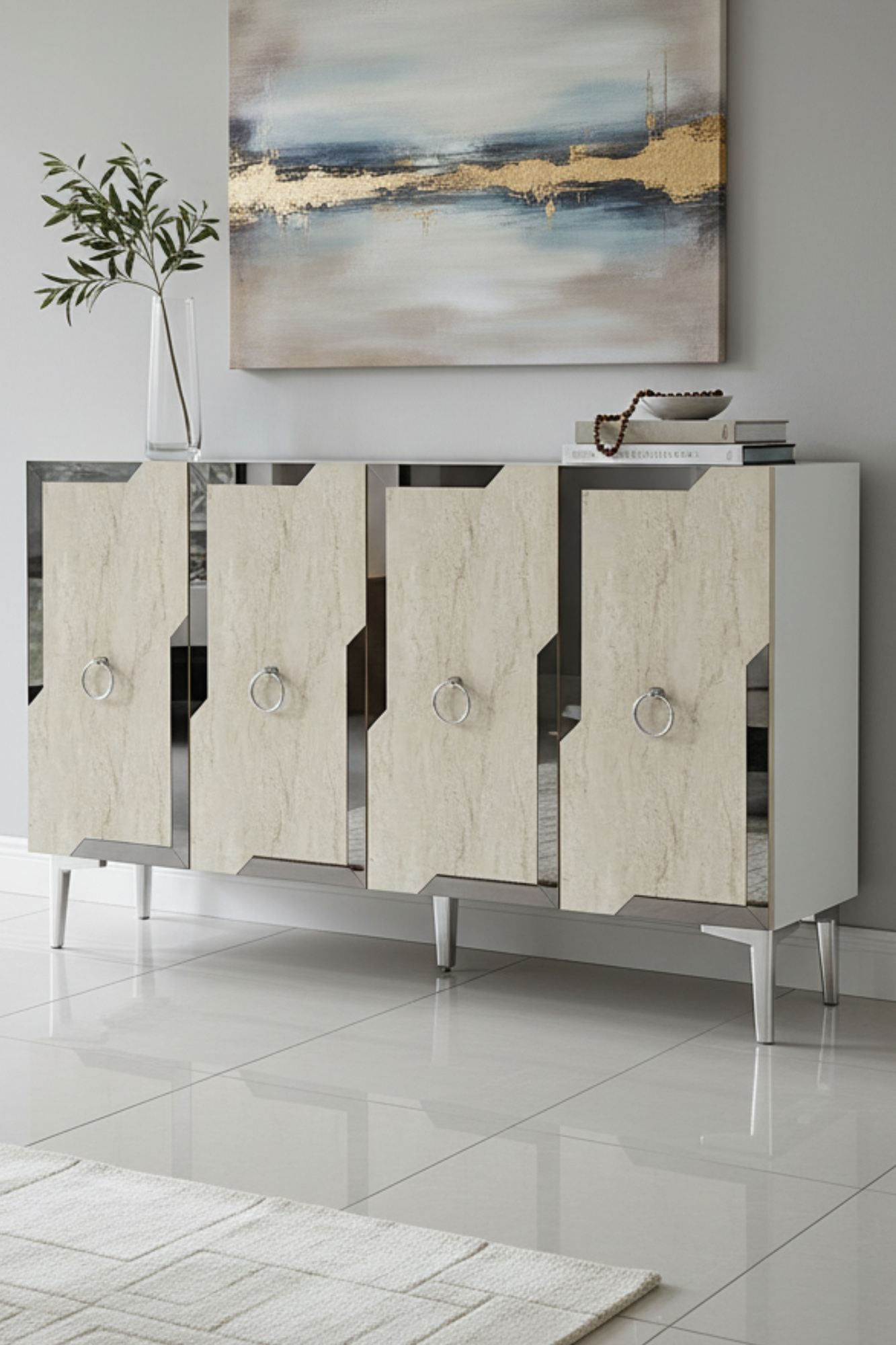 Consola Seza 120, 120 x 75 x 32 cm, alb travertin argintiu, PAL melaminat, oglinda inclusa, alb / travertin / silver — imaginea 2