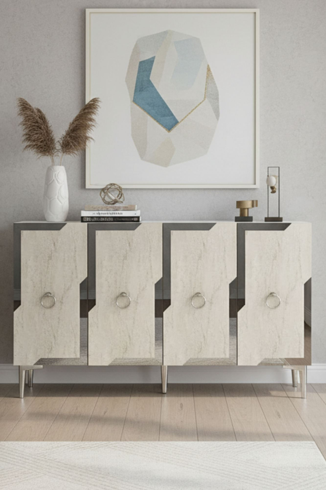 Consola Seza 120, 120 x 75 x 32 cm, alb travertin argintiu, PAL melaminat, oglinda inclusa, alb / travertin / silver — imaginea 3