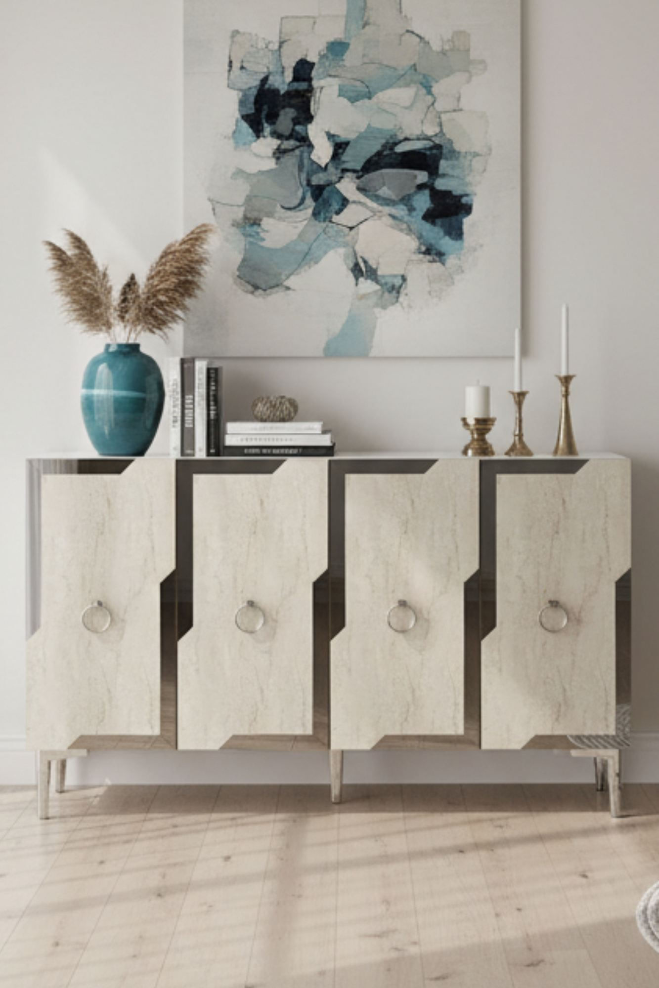 Consola Seza 120, 120 x 75 x 32 cm, alb travertin argintiu, PAL melaminat, oglinda inclusa, alb / travertin / silver — imaginea 4