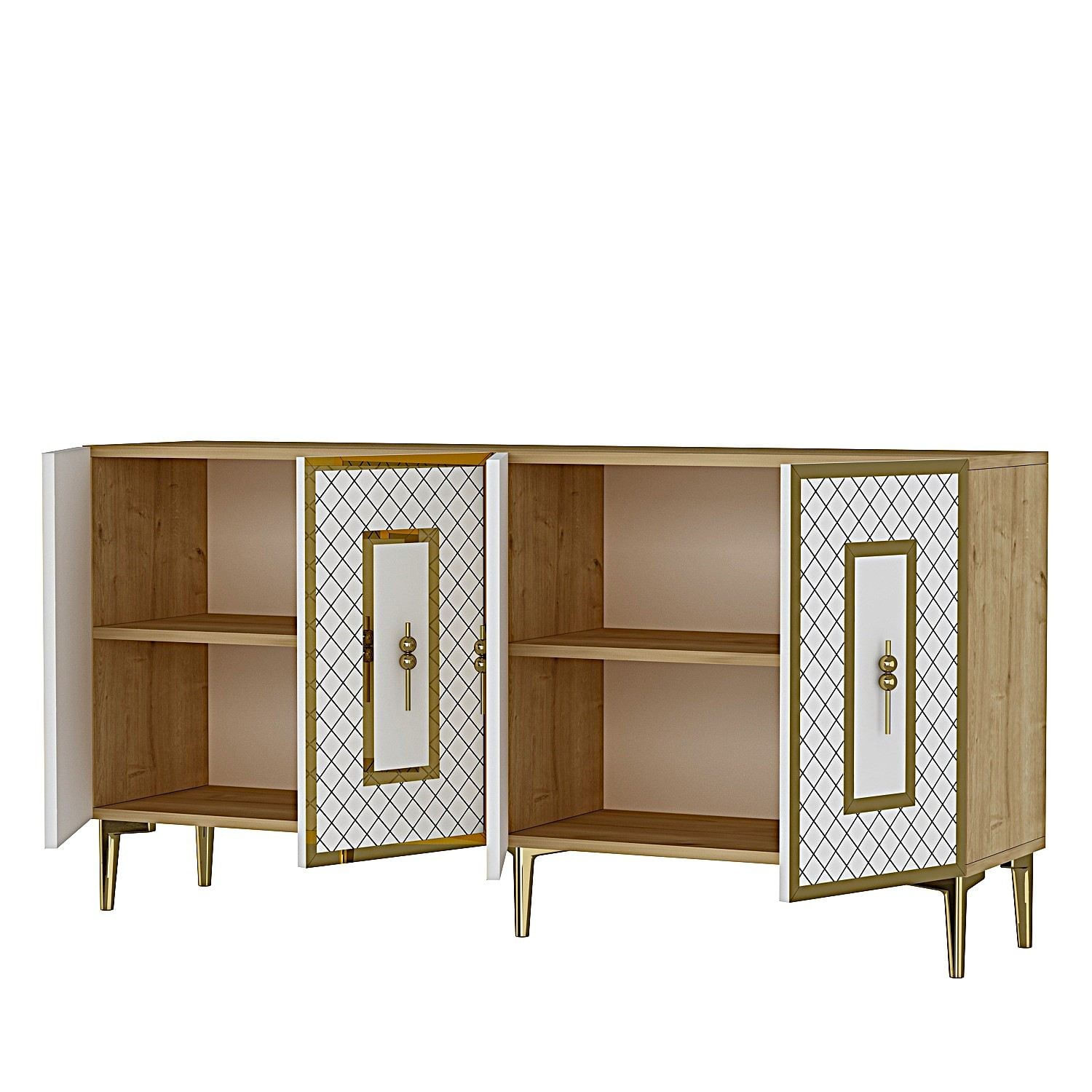 Consola Puma 150, 150 x 75 x 32 cm, stejar safir alb auriu, PAL melaminat, spatiu de depozitare, fixare pe perete, safir stejar / alb / gold — imaginea 3