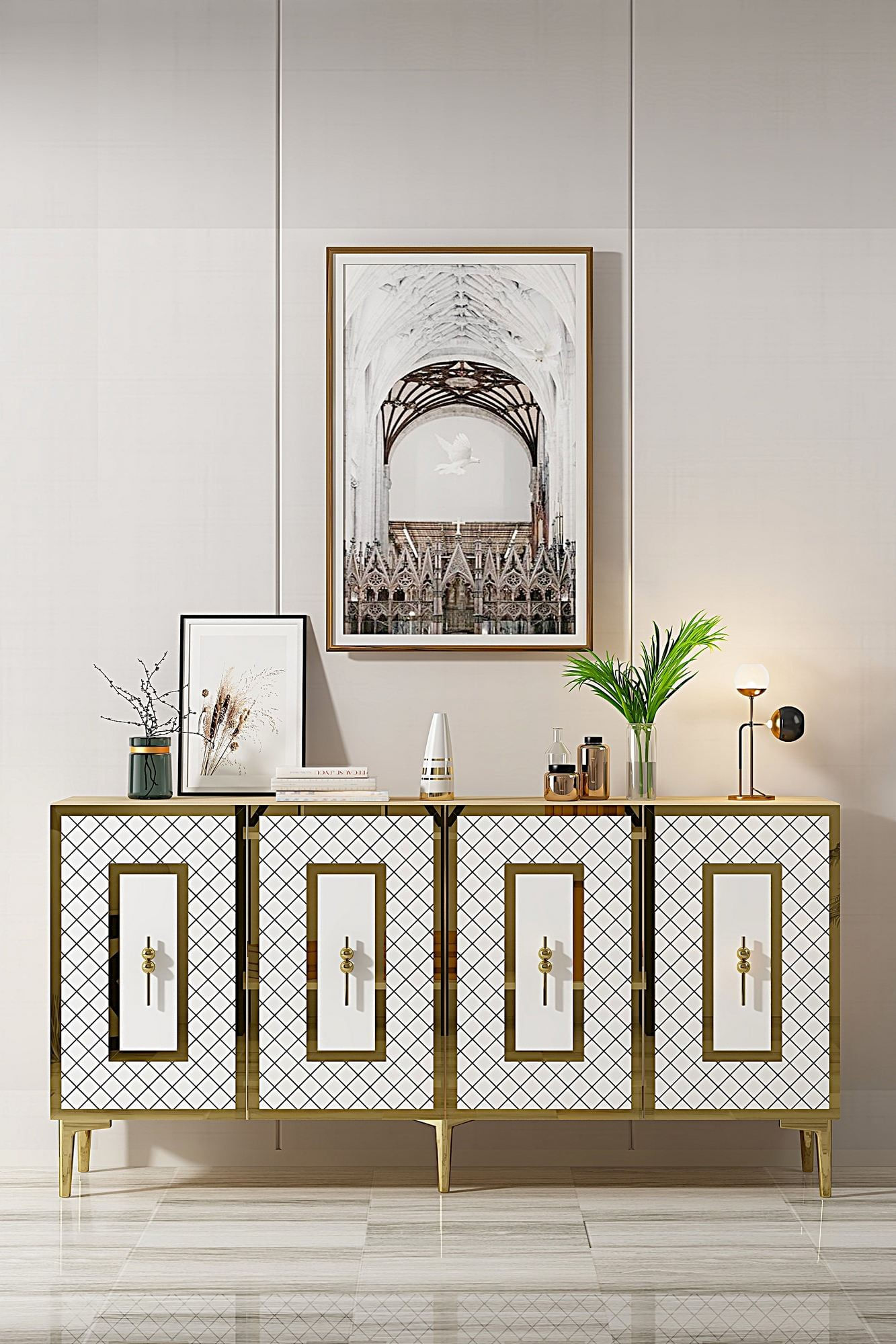 Consola Puma 150, 150 x 75 x 32 cm, stejar safir alb auriu, PAL melaminat, spatiu de depozitare, fixare pe perete, safir stejar / alb / gold — imaginea 4