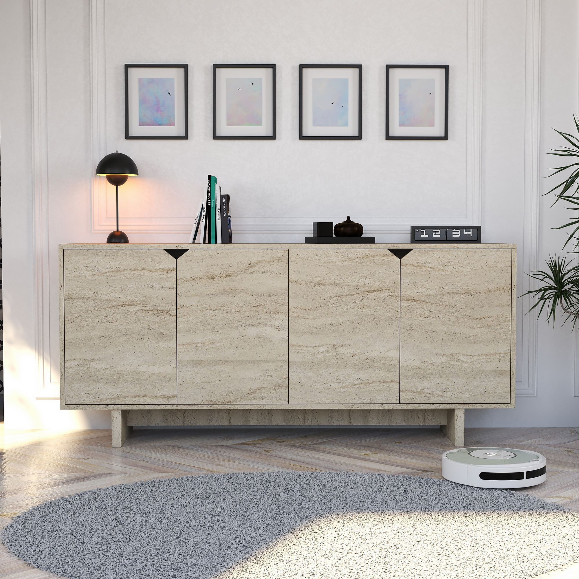 Consola Turan, 180 x 80,6 x 40 cm, travertin, PAL melaminat, spatiu de depozitare, fixare pe perete — imaginea 2