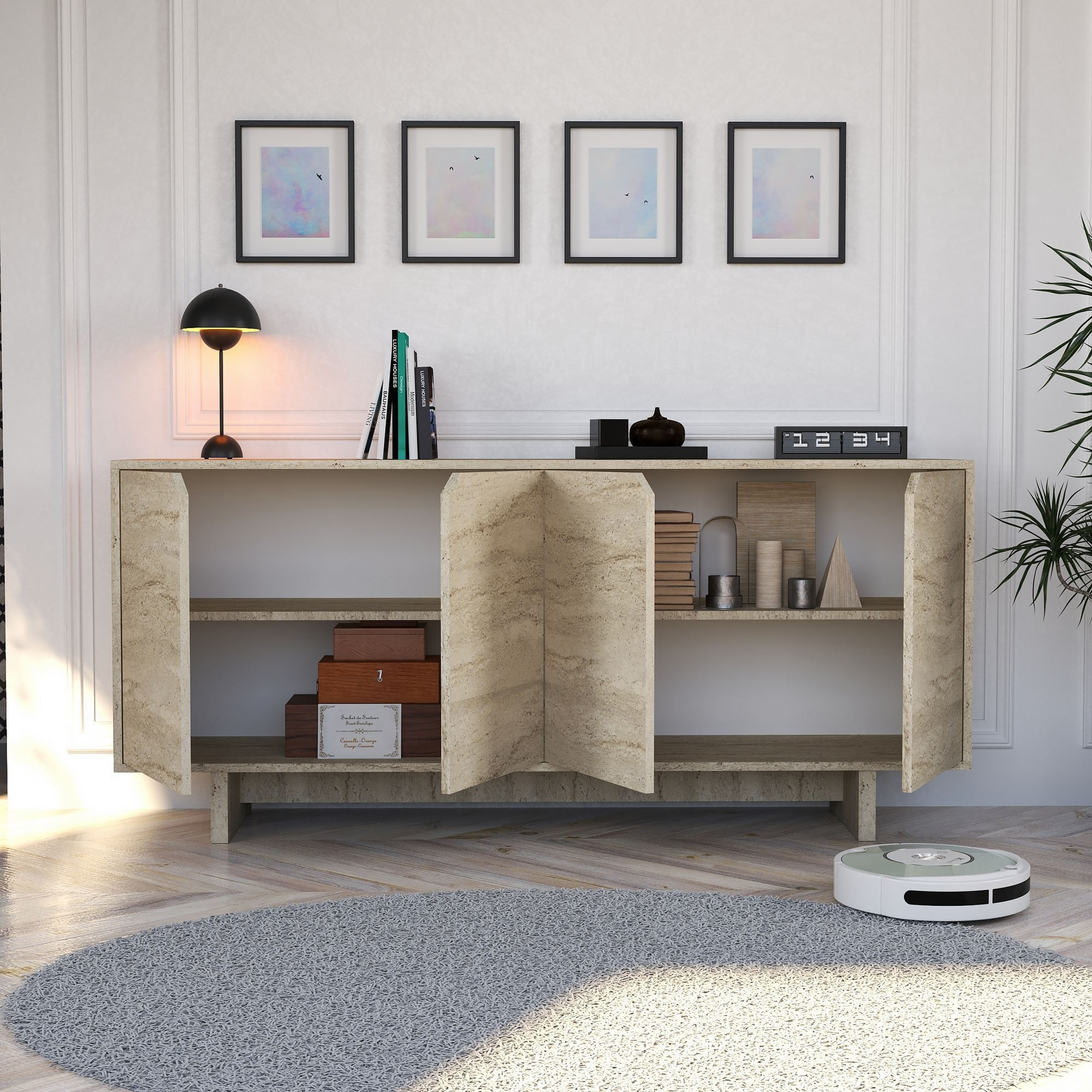 Consola Turan, 180 x 80,6 x 40 cm, travertin, PAL melaminat, spatiu de depozitare, fixare pe perete — imaginea 3