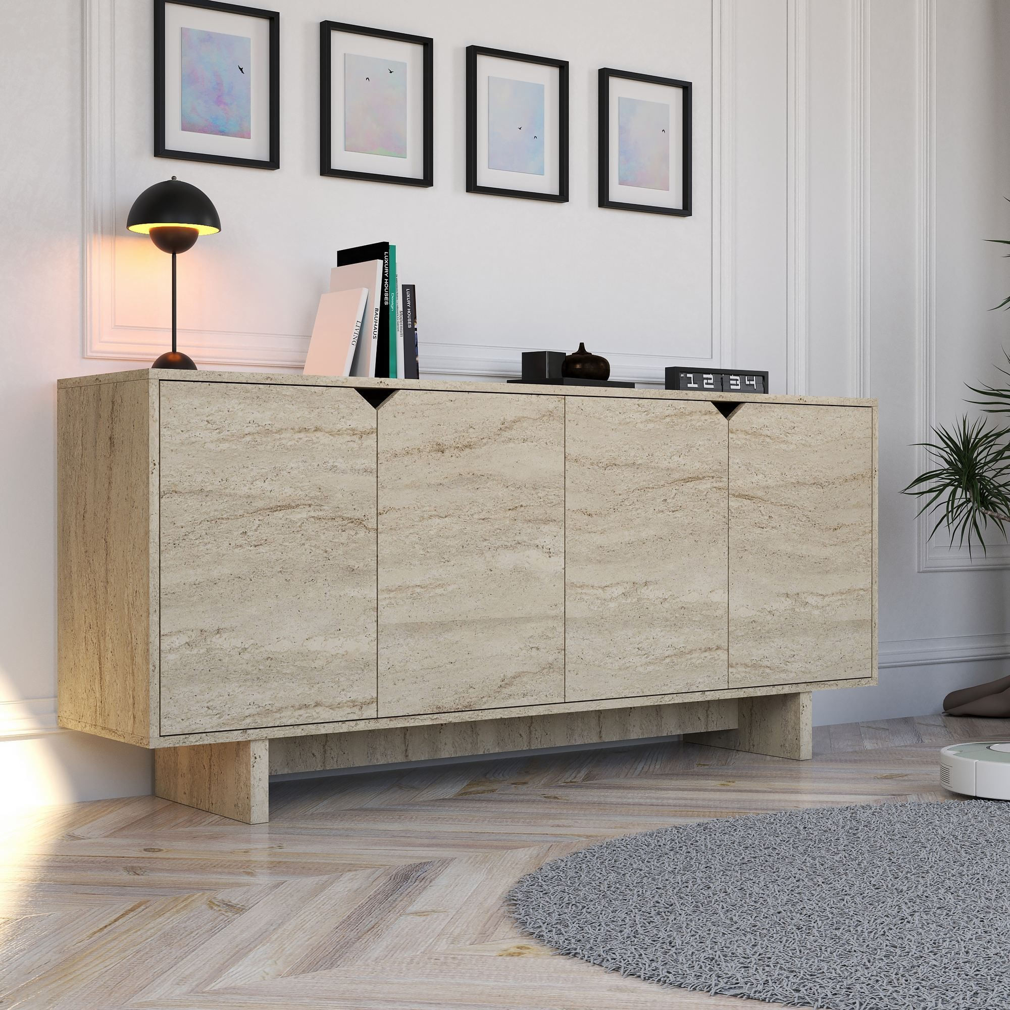 Consola Turan, 180 x 80,6 x 40 cm, travertin, PAL melaminat, spatiu de depozitare, fixare pe perete — imaginea 6