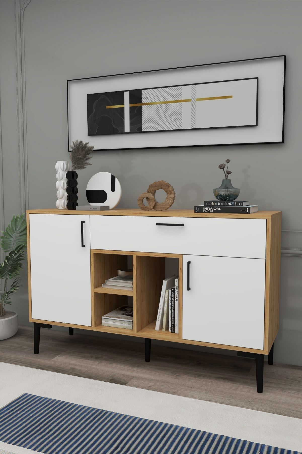Consola Tuvas, 135 x 83,6 x 40 cm, stejar safir alb, PAL melaminat, spatiu de depozitare, fixare pe perete — imaginea 4