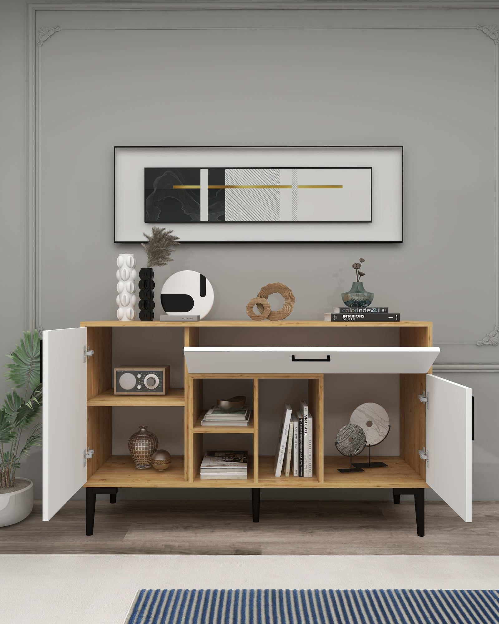 Consola Tuvas, 135 x 83,6 x 40 cm, stejar safir alb, PAL melaminat, spatiu de depozitare, fixare pe perete — imaginea 5