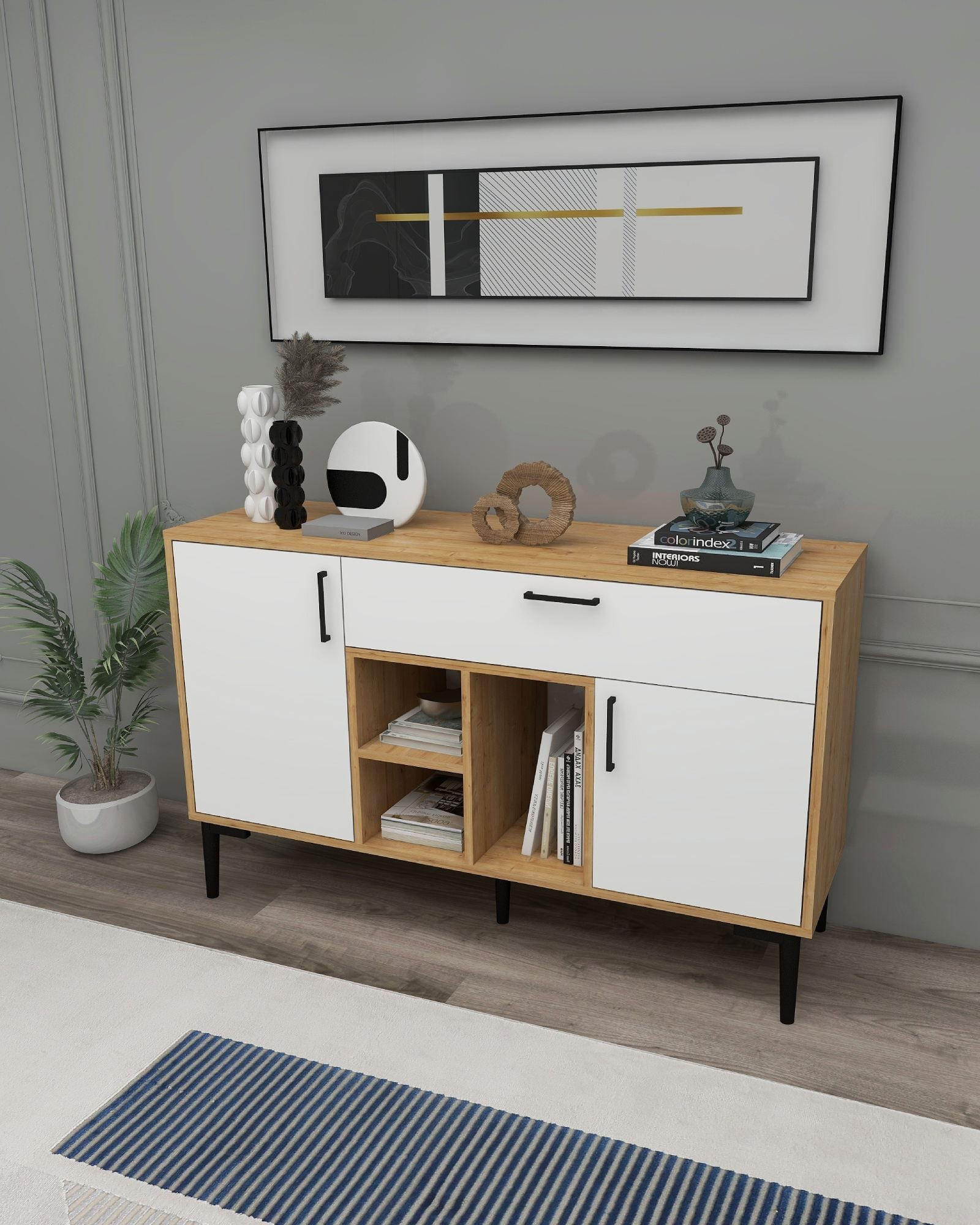 Consola Tuvas, 135 x 83,6 x 40 cm, stejar safir alb, PAL melaminat, spatiu de depozitare, fixare pe perete — imaginea 6