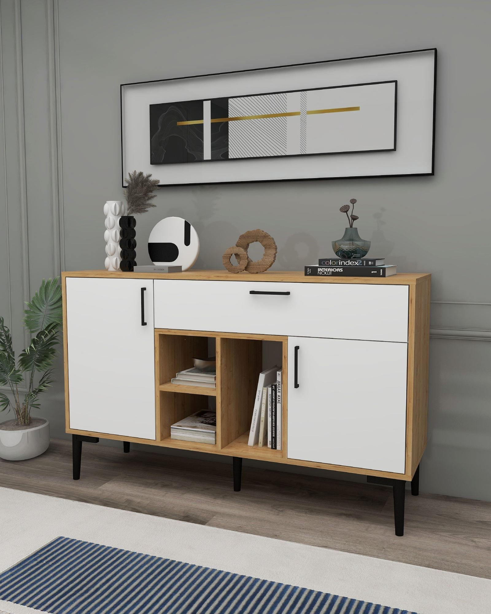 Consola Tuvas, 135 x 83,6 x 40 cm, stejar safir alb, PAL melaminat, spatiu de depozitare, fixare pe perete — imaginea 7