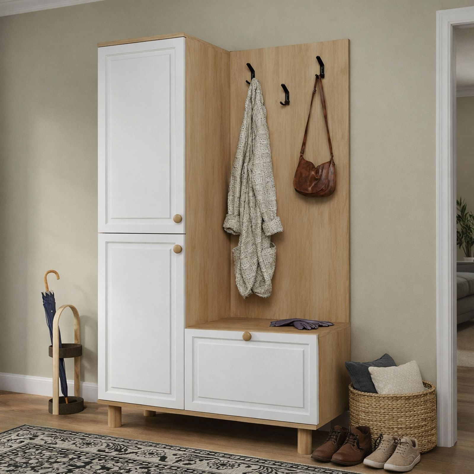 Cuier hol Forma 1600-206, 90 x 173 x 37 cm, alb si stejar, PAL melaminat, spatiu de depozitare — imaginea 2