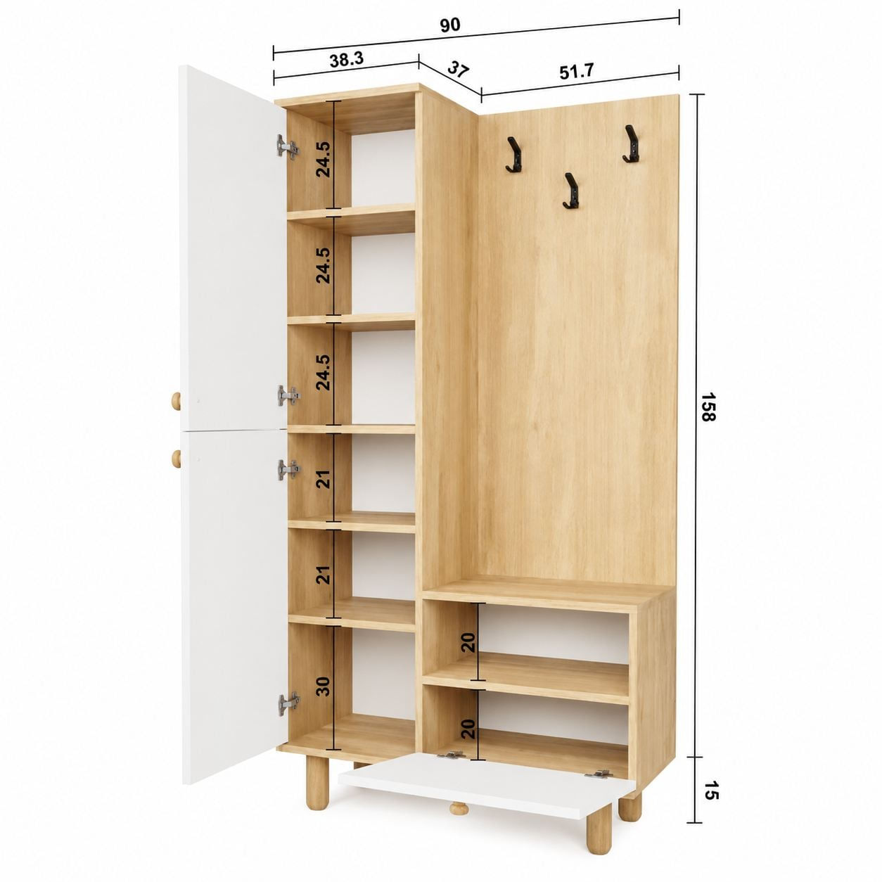 Cuier hol Forma 1600-206, 90 x 173 x 37 cm, alb si stejar, PAL melaminat, spatiu de depozitare — imaginea 3