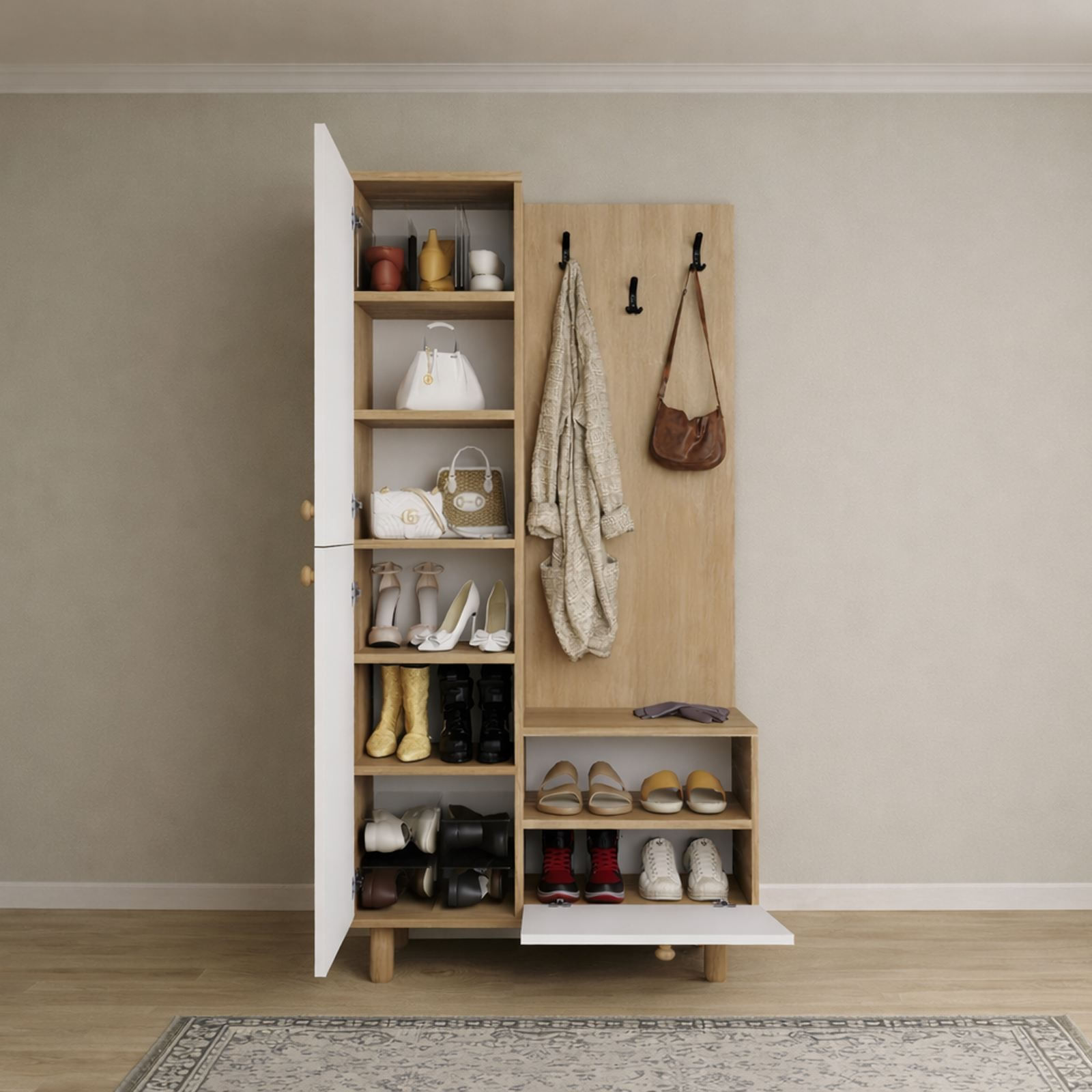 Cuier hol Forma 1600-206, 90 x 173 x 37 cm, alb si stejar, PAL melaminat, spatiu de depozitare — imaginea 4