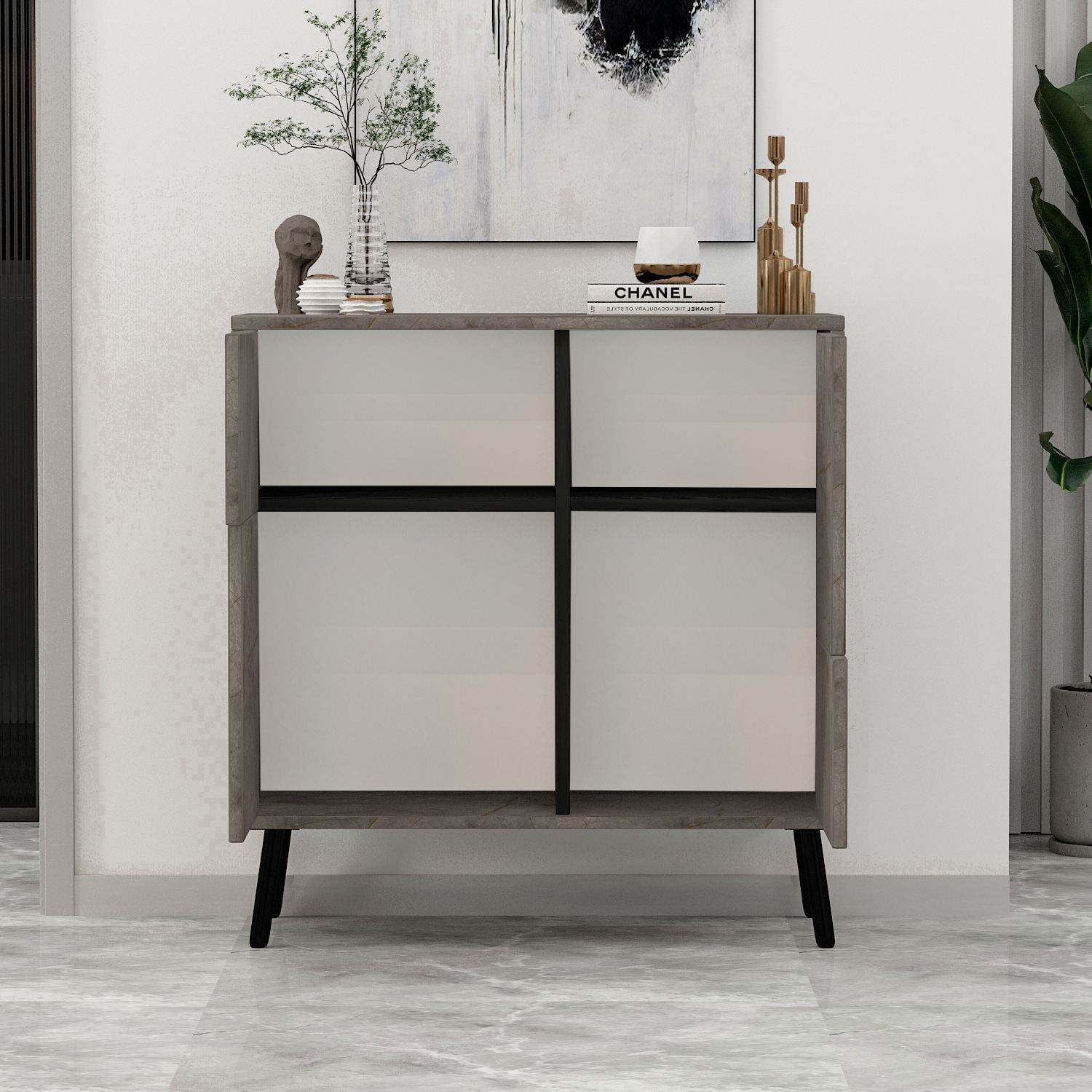 Dulap Darien, 76, 5 x 79, 5 x 35 cm, marmura negru lemn, PAL melaminat, spatiu de depozitare, fixare pe perete, marble / negru wood — imaginea 3