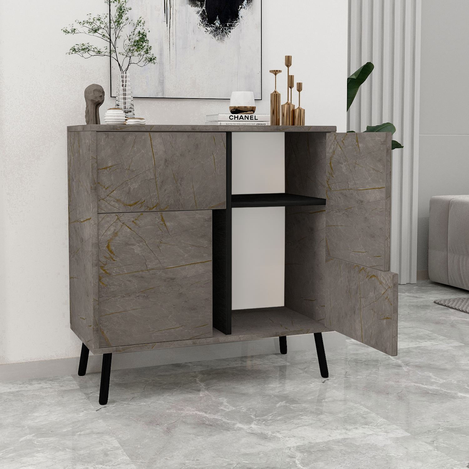 Dulap Darien, 76, 5 x 79, 5 x 35 cm, marmura negru lemn, PAL melaminat, spatiu de depozitare, fixare pe perete, marble / negru wood — imaginea 4