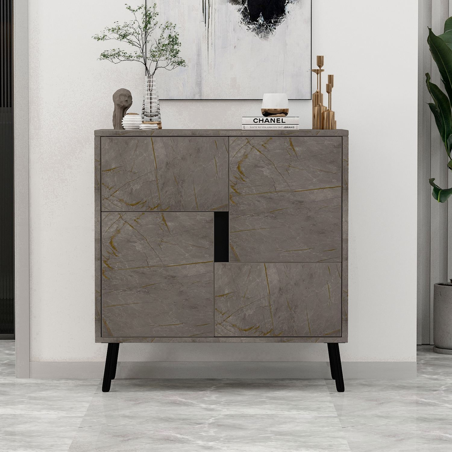 Dulap Darien, 76, 5 x 79, 5 x 35 cm, marmura negru lemn, PAL melaminat, spatiu de depozitare, fixare pe perete, marble / negru wood — imaginea 6