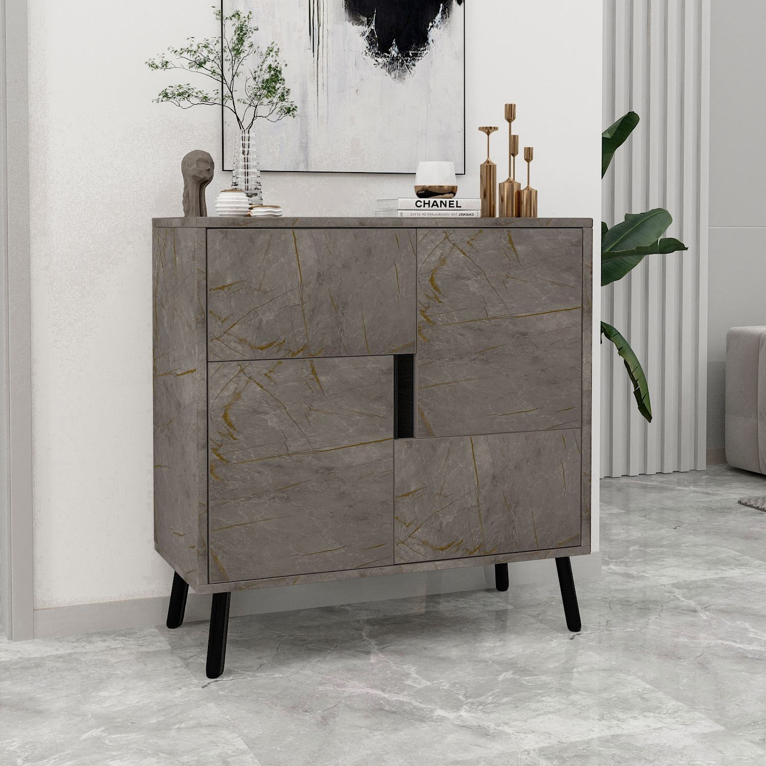 Dulap Darien, 76, 5 x 79, 5 x 35 cm, marmura negru lemn, PAL melaminat, spatiu de depozitare, fixare pe perete, marble / negru wood — imaginea 7