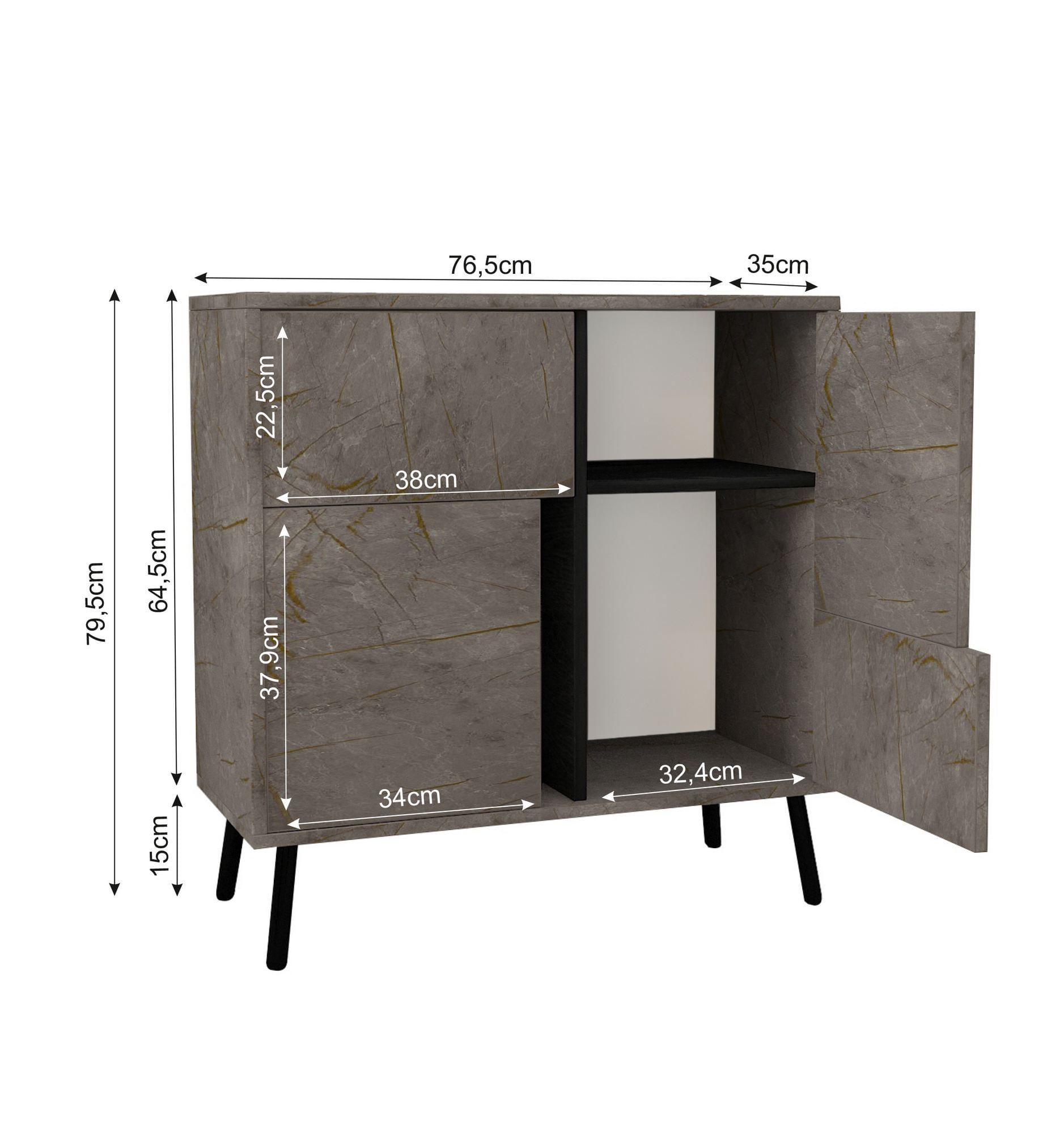 Dulap Darien, 76, 5 x 79, 5 x 35 cm, marmura negru lemn, PAL melaminat, spatiu de depozitare, fixare pe perete, marble / negru wood — imaginea 8