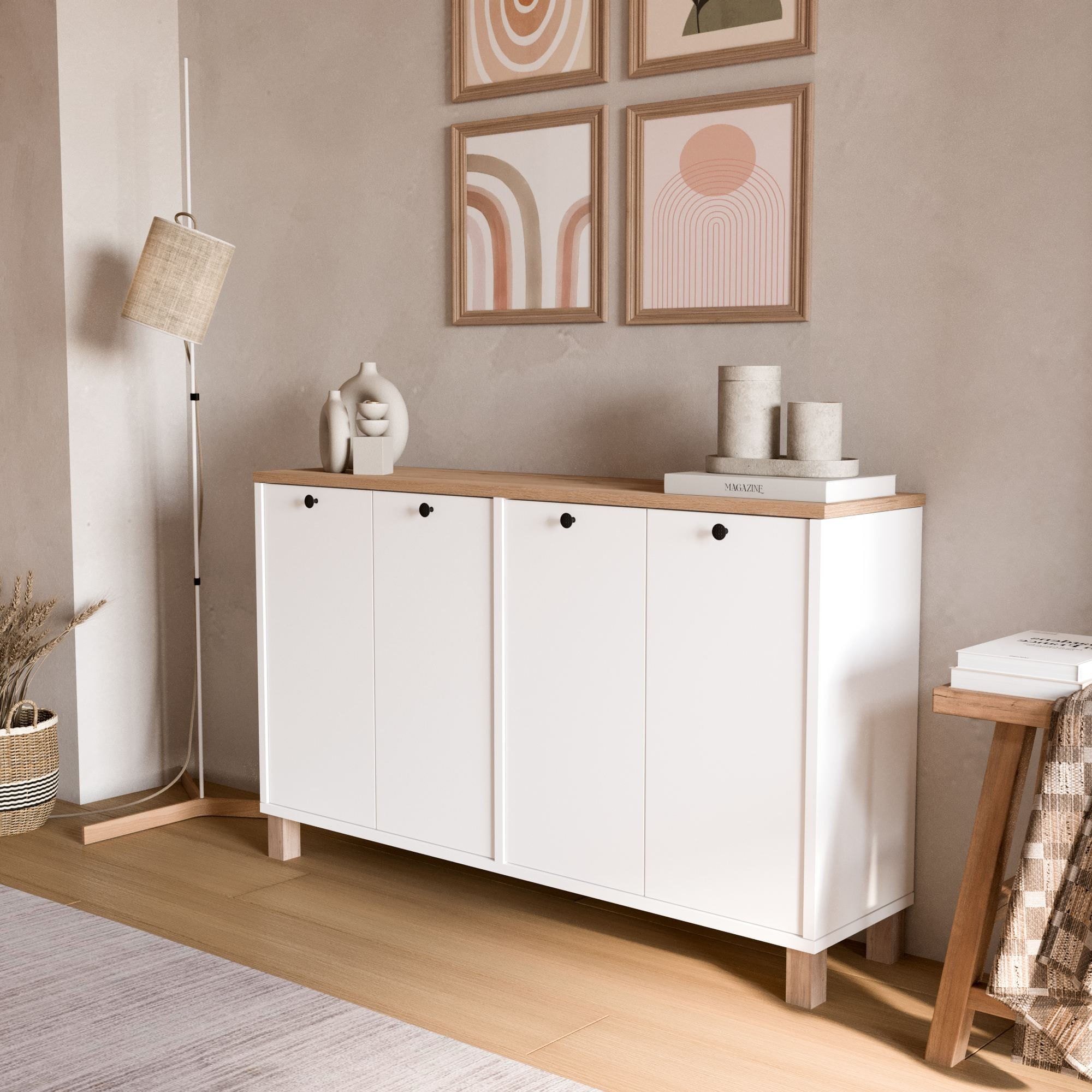 Consola Nord - ND2-SW, 120 x 73,6 x 29,5 cm, alb si stejar, PAL melaminat, spatiu de depozitare, fixare pe perete — imaginea 4