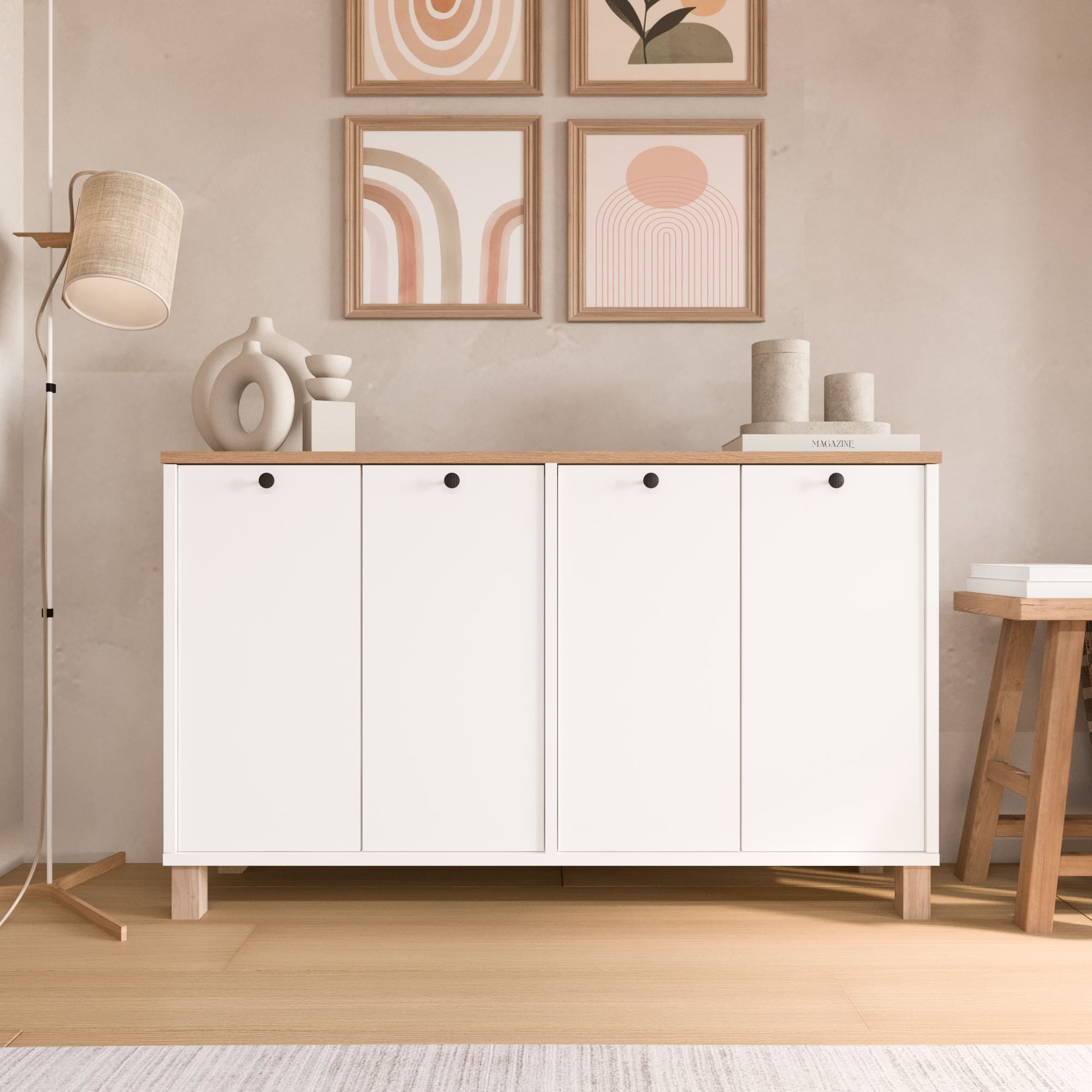 Consola Nord - ND2-SW, 120 x 73,6 x 29,5 cm, alb si stejar, PAL melaminat, spatiu de depozitare, fixare pe perete — imaginea 5