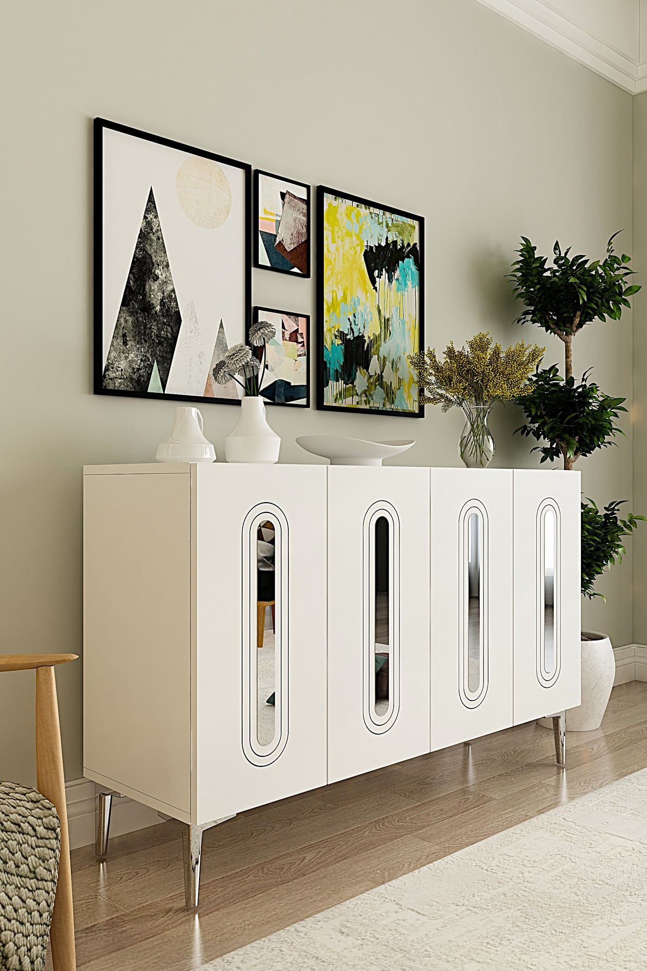 Consola Rany 120, 120 x 75 x 32 cm, alb argintiu, PAL melaminat, spatiu de depozitare, fixare pe perete, alb / silver — imaginea 5