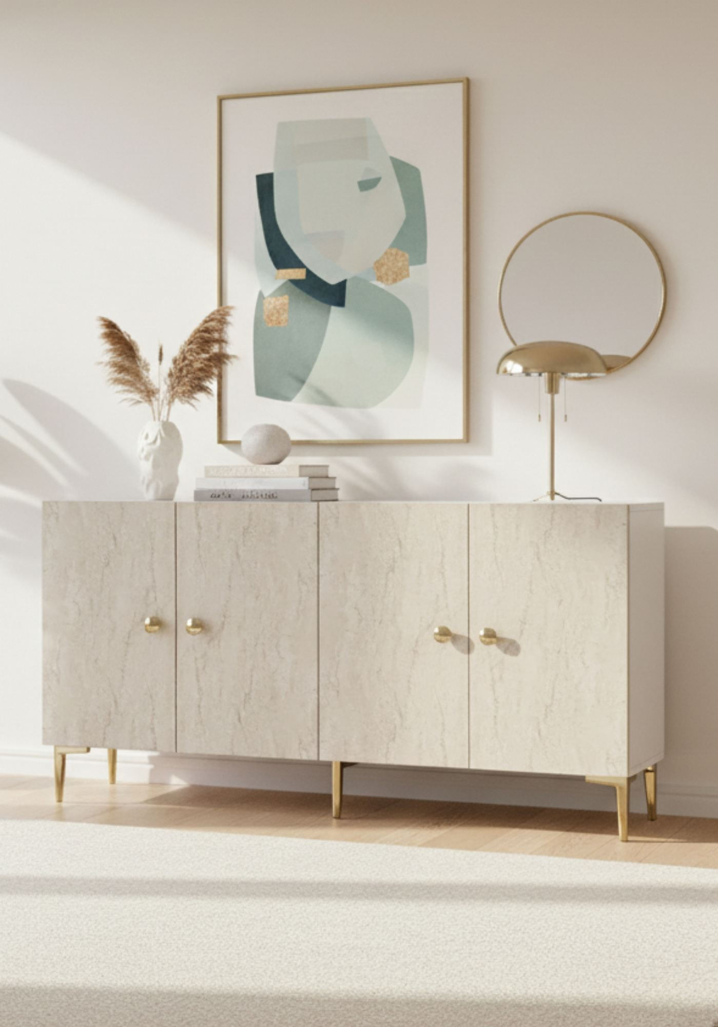 Consola Simple 150, 150 x 75 x 32 cm, alb travertin auriu, PAL melaminat, spatiu de depozitare, fixare pe perete, alb / travertin / gold — imaginea 4