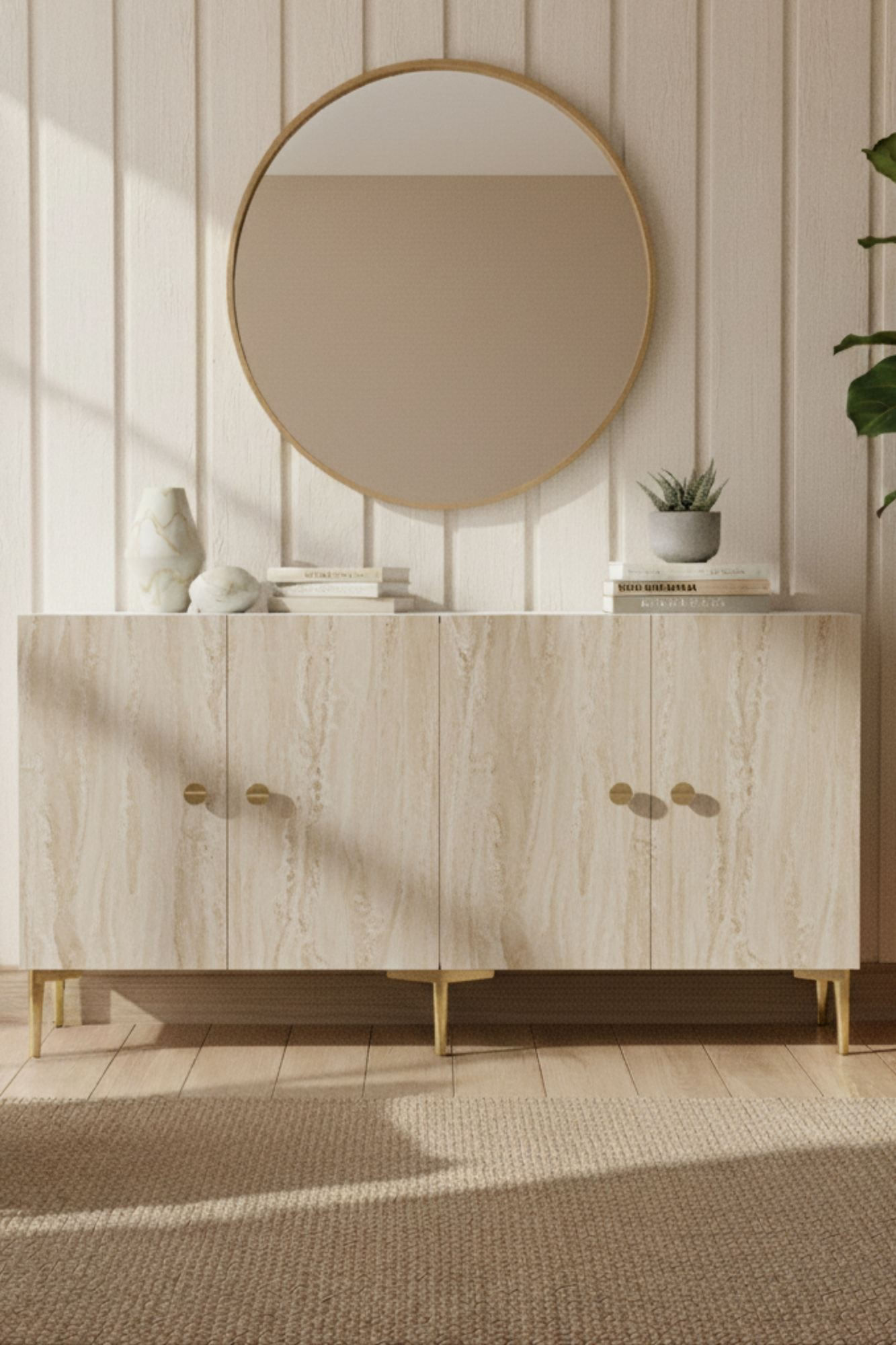 Consola Simple 150, 150 x 75 x 32 cm, alb travertin auriu, PAL melaminat, spatiu de depozitare, fixare pe perete, alb / travertin / gold — imaginea 6