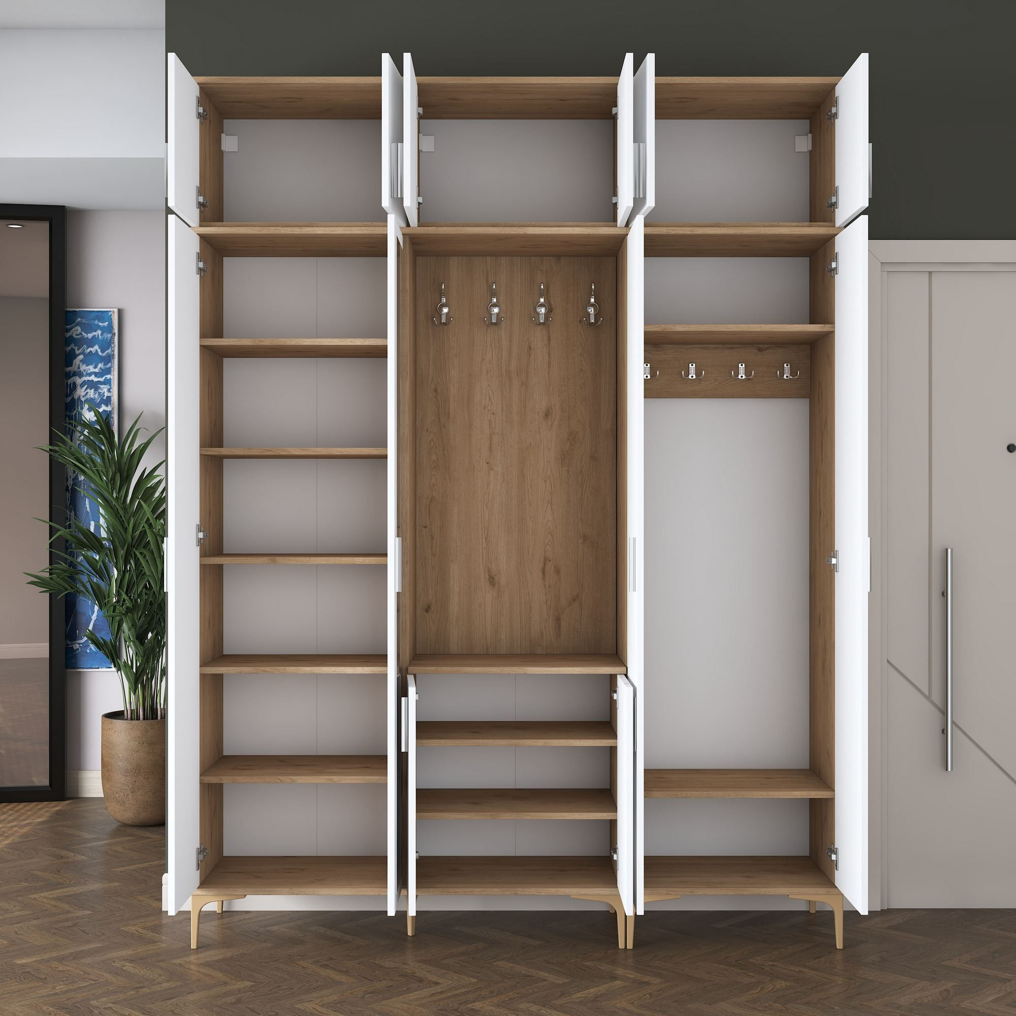 Cuier hol EA155, 180 x 240 x 37,5 cm, nuc alb, PAL, spatiu de depozitare, fixare pe perete — imaginea 2