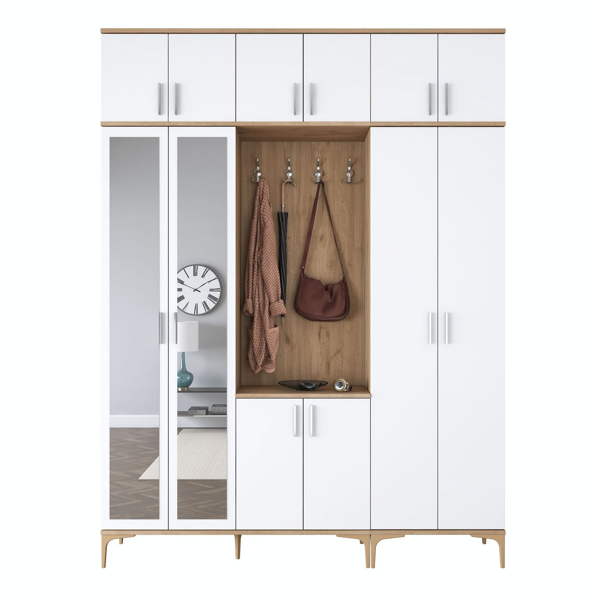 Cuier hol EA155, 180 x 240 x 37,5 cm, nuc alb, PAL, spatiu de depozitare, fixare pe perete — imaginea 3