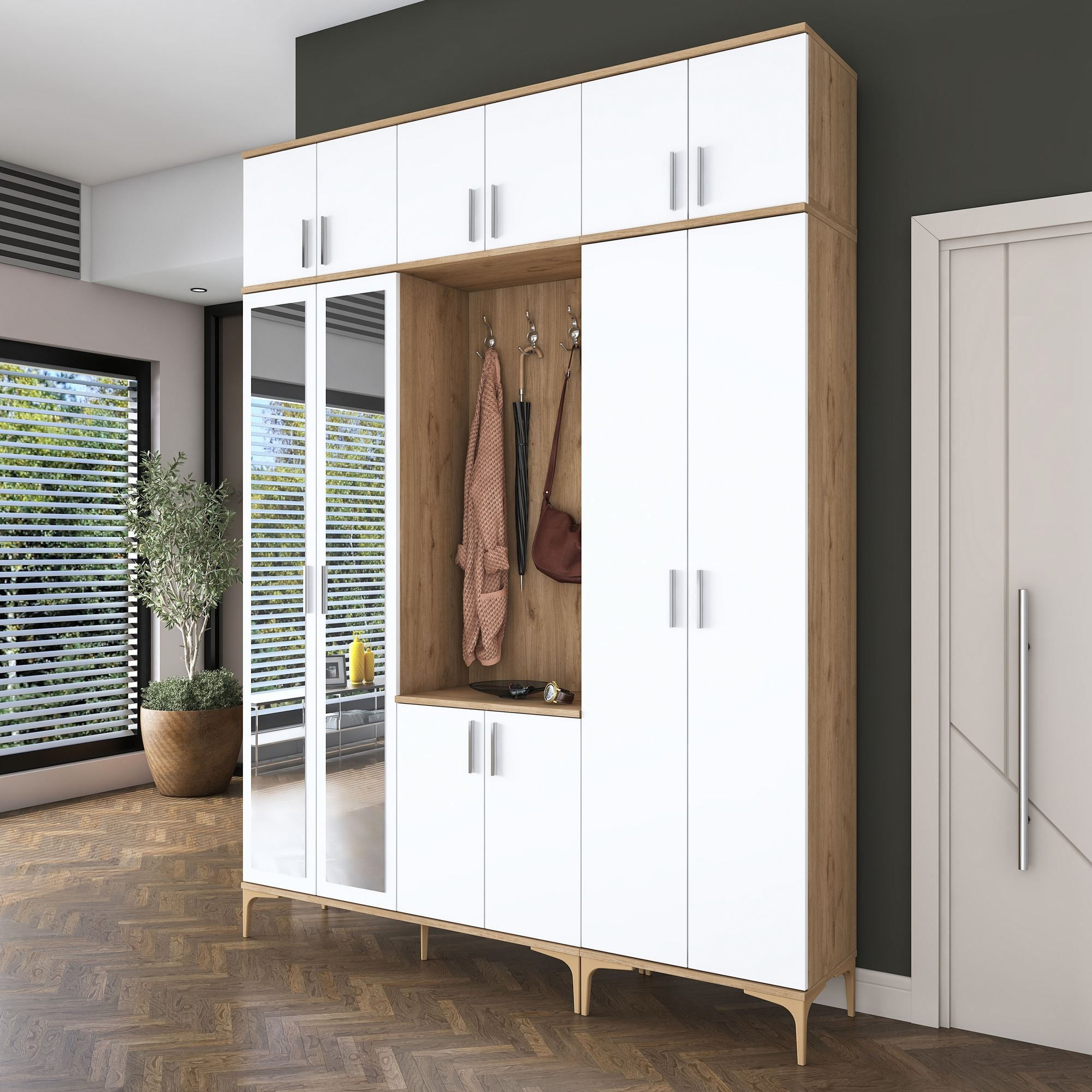 Cuier hol EA155, 180 x 240 x 37,5 cm, nuc alb, PAL, spatiu de depozitare, fixare pe perete — imaginea 4