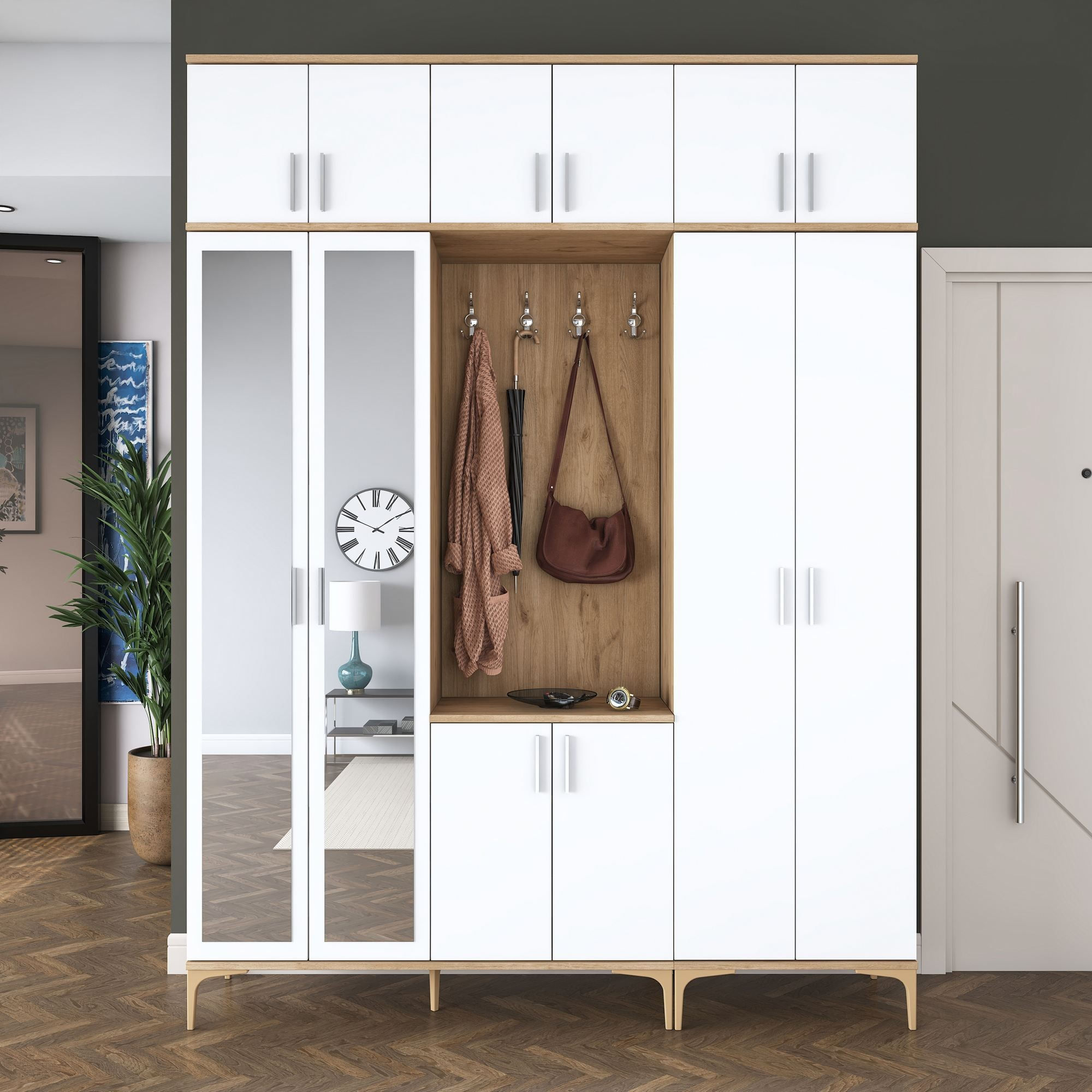 Cuier hol EA155, 180 x 240 x 37,5 cm, nuc alb, PAL, spatiu de depozitare, fixare pe perete — imaginea 5
