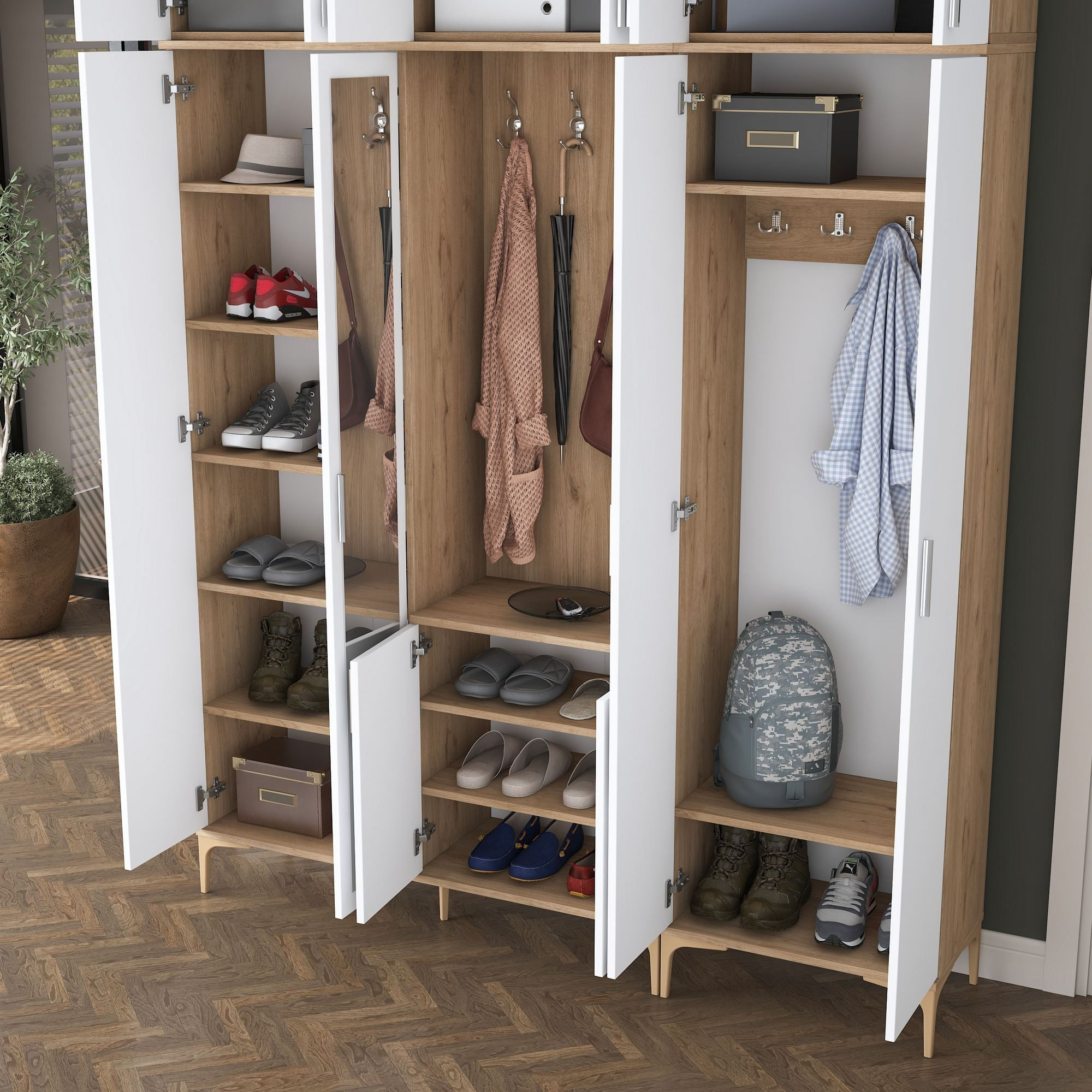 Cuier hol EA155, 180 x 240 x 37,5 cm, nuc alb, PAL, spatiu de depozitare, fixare pe perete — imaginea 7