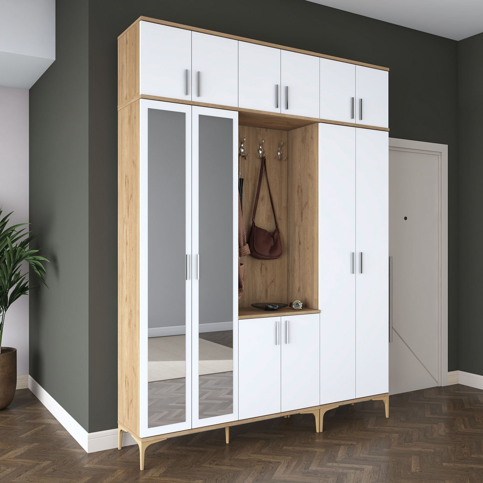 Cuier hol EA155, 180 x 240 x 37,5 cm, nuc alb, PAL, spatiu de depozitare, fixare pe perete — imaginea 8