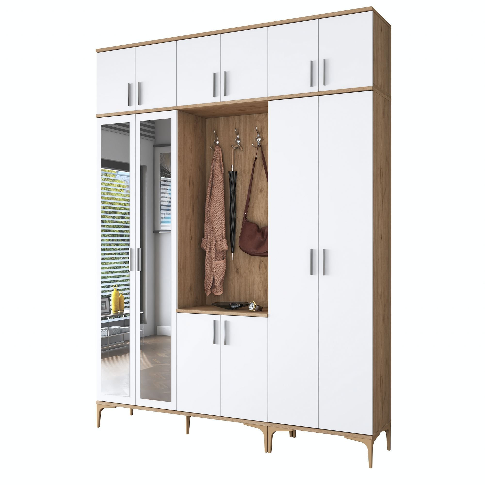 Cuier hol EA155, 180 x 240 x 37,5 cm, nuc alb, PAL, spatiu de depozitare, fixare pe perete — imaginea 9