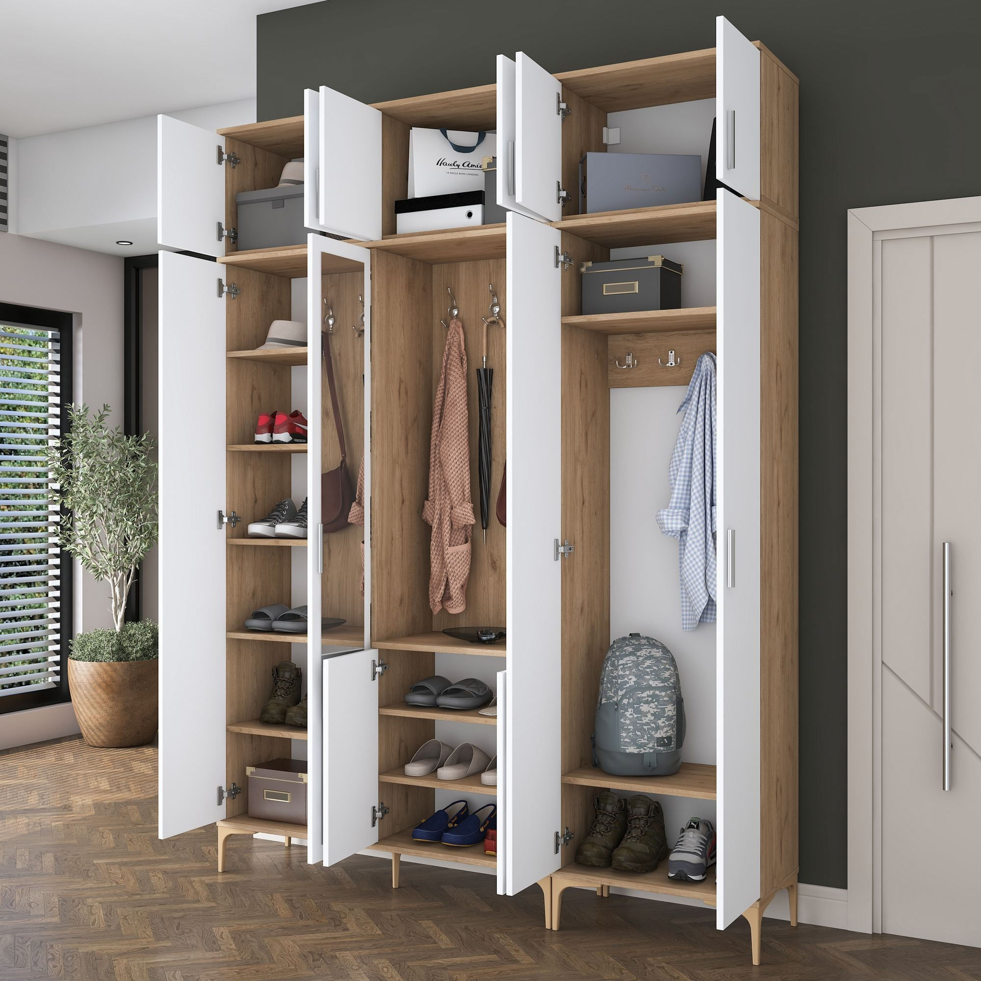 Cuier hol EA155, 180 x 240 x 37,5 cm, nuc alb, PAL, spatiu de depozitare, fixare pe perete — imaginea 10
