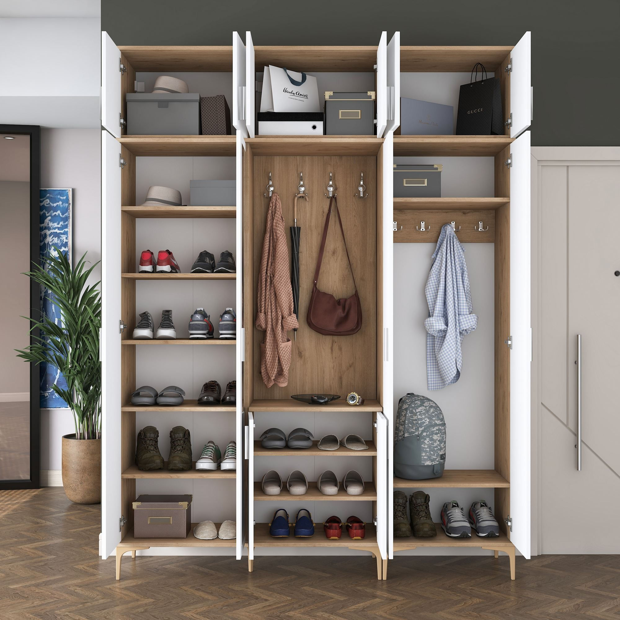 Cuier hol EA155, 180 x 240 x 37,5 cm, nuc alb, PAL, spatiu de depozitare, fixare pe perete — imaginea 13