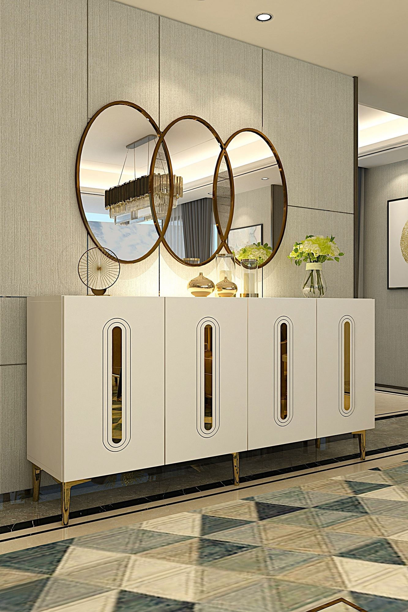 Consola Rany 150, 150 x 75 x 32 cm, alb auriu, PAL melaminat, spatiu de depozitare, fixare pe perete, alb / gold — imaginea 6