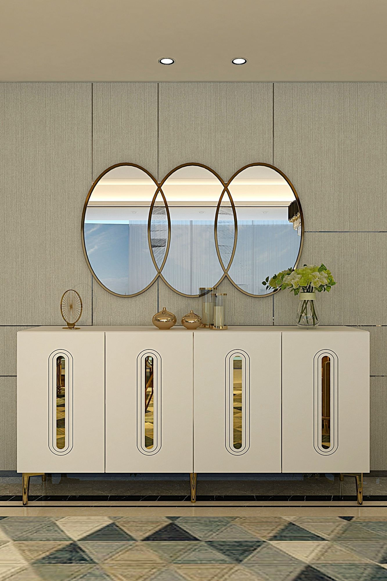 Consola Rany 150, 150 x 75 x 32 cm, alb auriu, PAL melaminat, spatiu de depozitare, fixare pe perete, alb / gold — imaginea 7