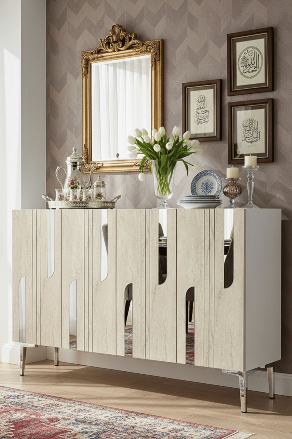 Consola Nota 120, 120 x 75 x 32 cm, alb travertin argintiu, PAL melaminat, oglinda inclusa, alb / travertin / silver — imaginea 6