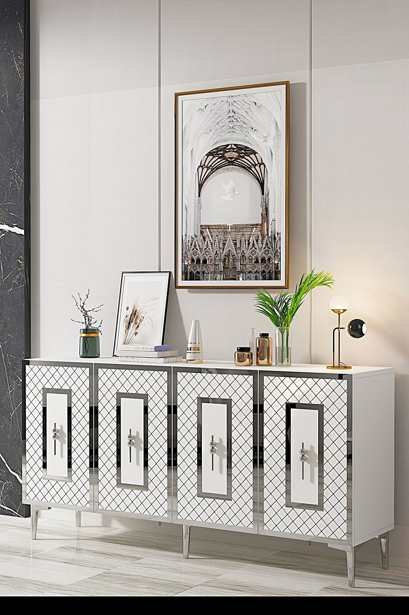 Consola Puma 150, 150 x 75 x 32 cm, alb argintiu, PAL melaminat, spatiu de depozitare, fixare pe perete, alb / silver — imaginea 4