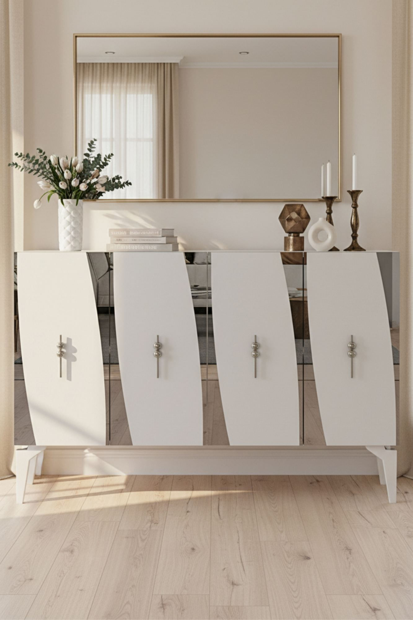 Consola Elips 120, 120 x 75 x 32 cm, alb argintiu, PAL melaminat, oglinda inclusa, alb / silver — imaginea 3