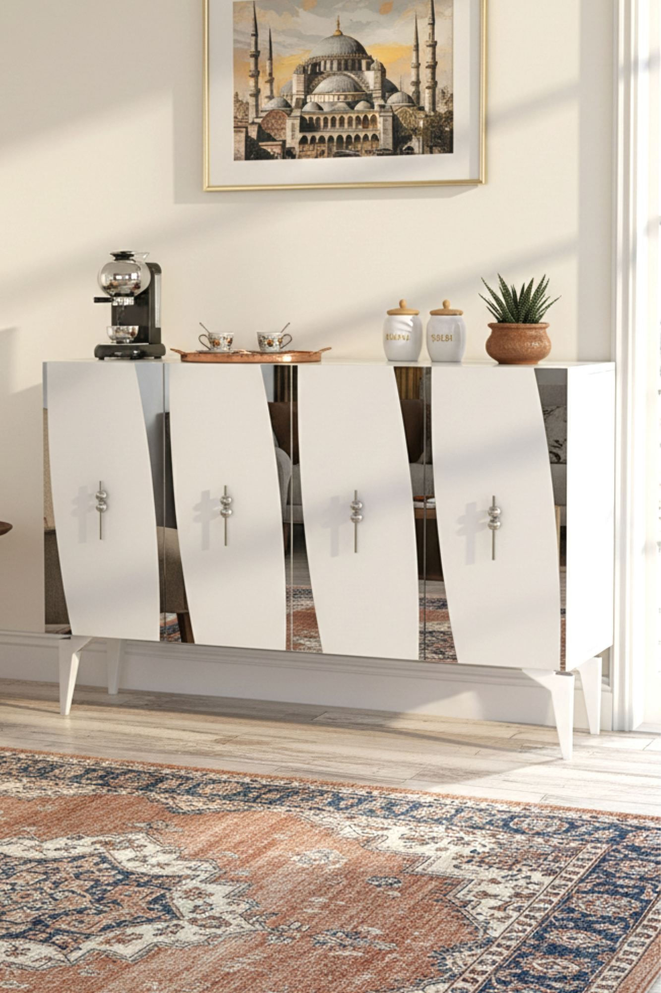 Consola Elips 120, 120 x 75 x 32 cm, alb argintiu, PAL melaminat, oglinda inclusa, alb / silver — imaginea 5