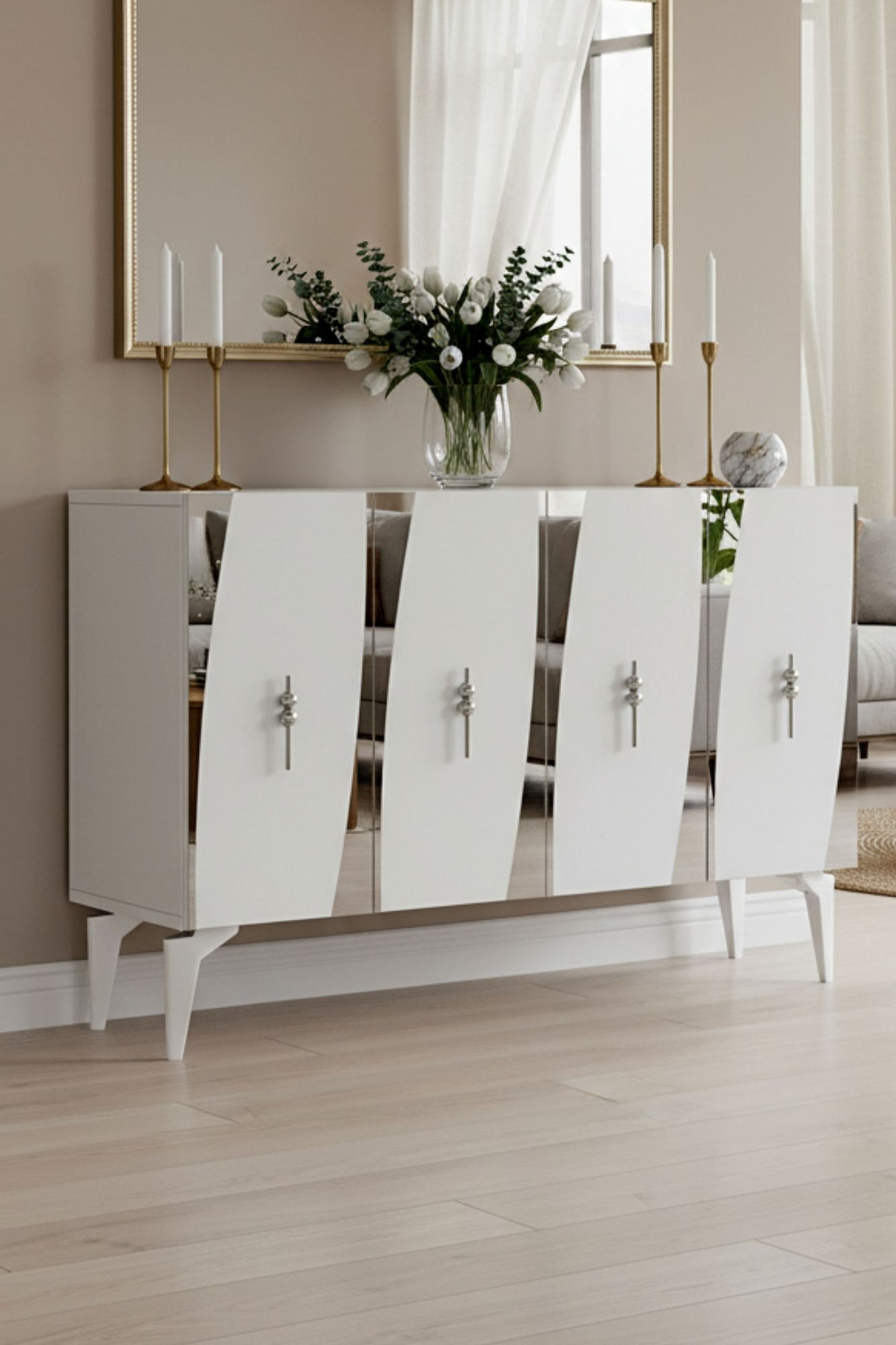 Consola Elips 120, 120 x 75 x 32 cm, alb argintiu, PAL melaminat, oglinda inclusa, alb / silver — imaginea 6